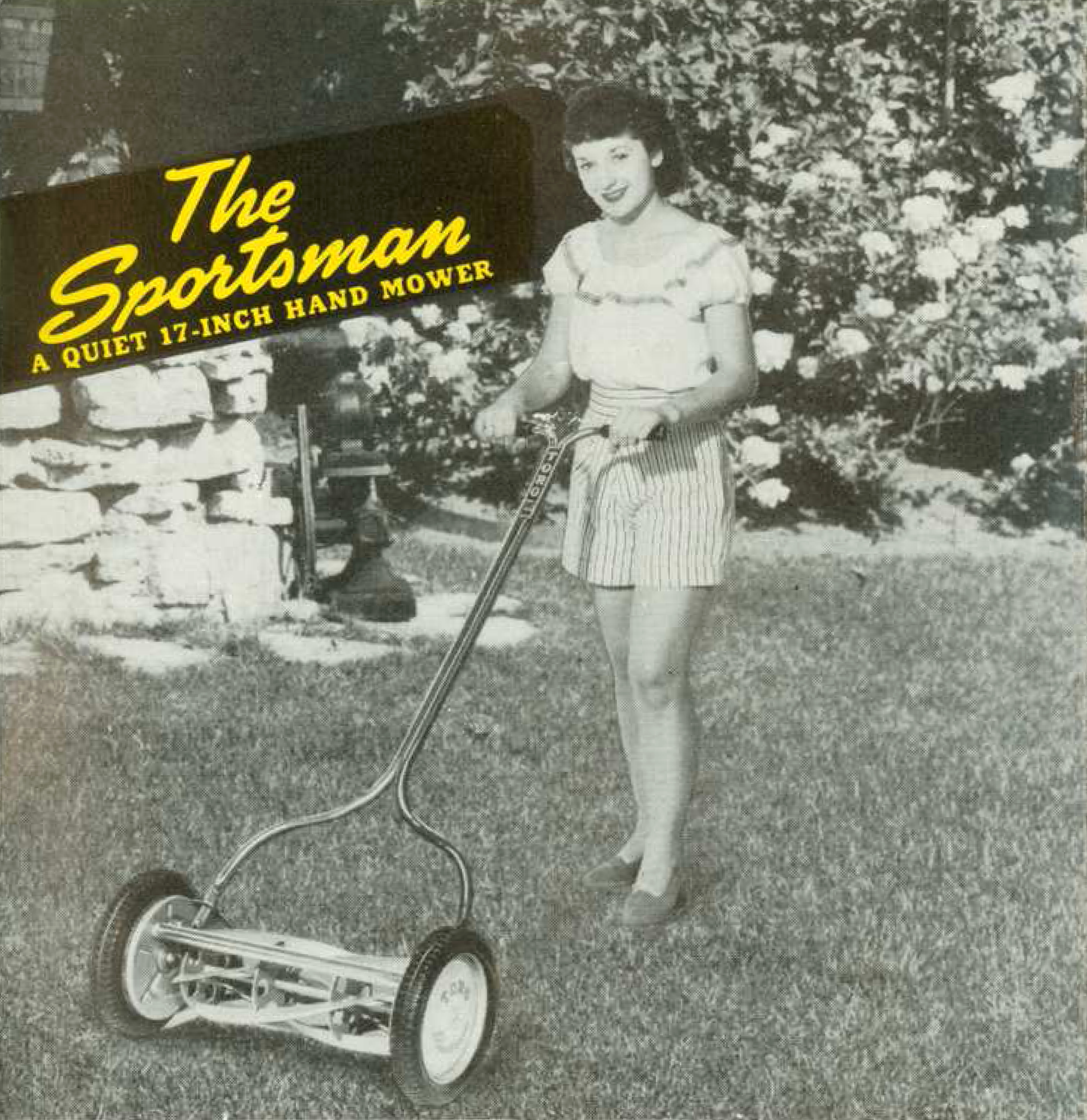 Black and white photograph of a woman using a hand mower, which text identifies as "The Sportsman".