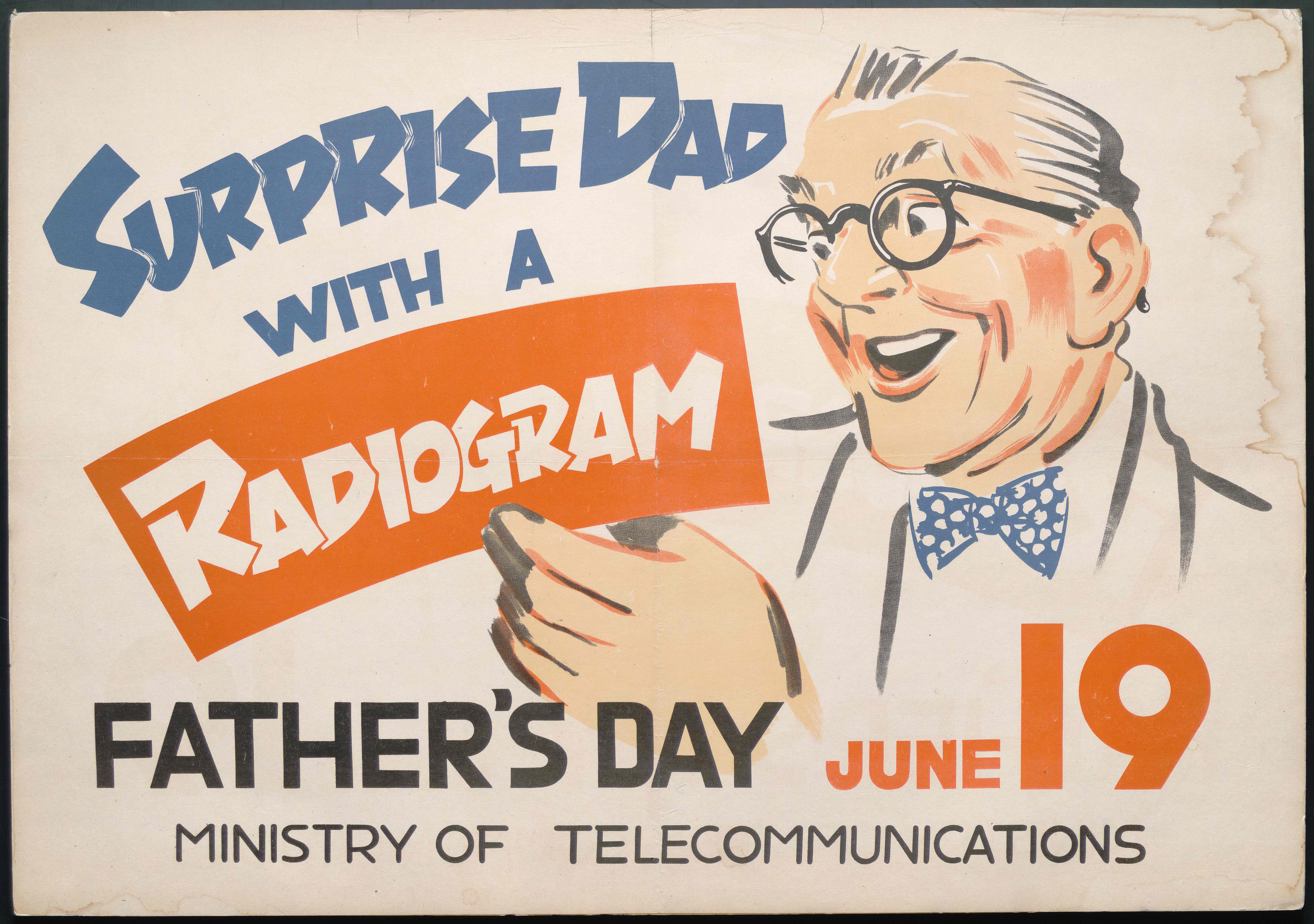   Poster encouraging American and other servicemen in occupied Japan to send telegrams, radiograms, and to make telephone calls for American holidays. Poster shows a man with white hair, glasses, and a bow tie receiving a radiogram. The radiogram is print