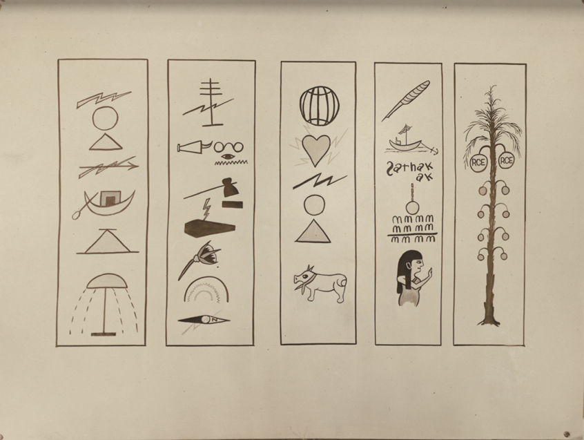 Cartoon drawings drawn in a way like Egyptian hieroglyphics 