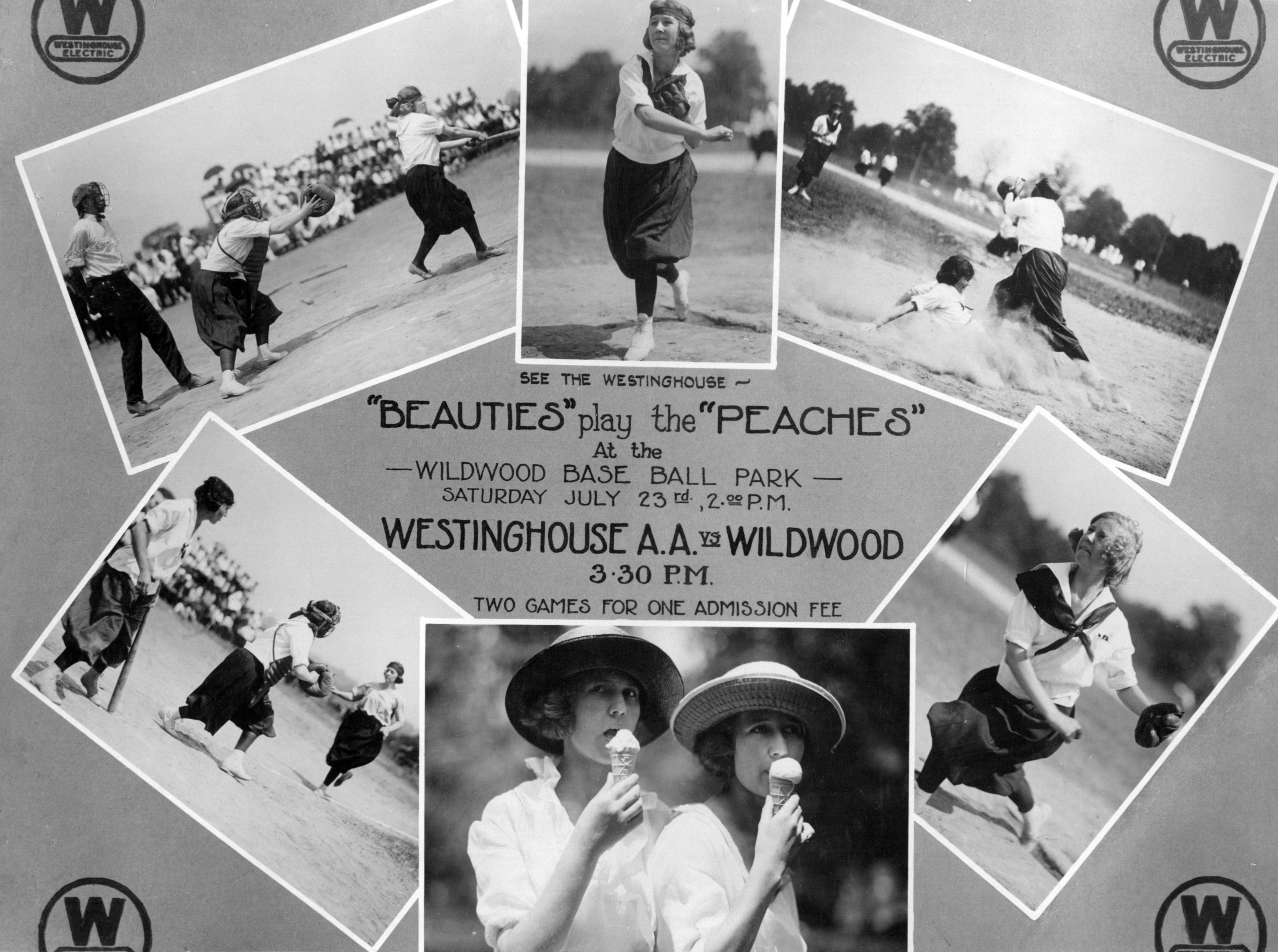 Photocollage advertising a women's baseball game played by employees of the Westinghouse company.