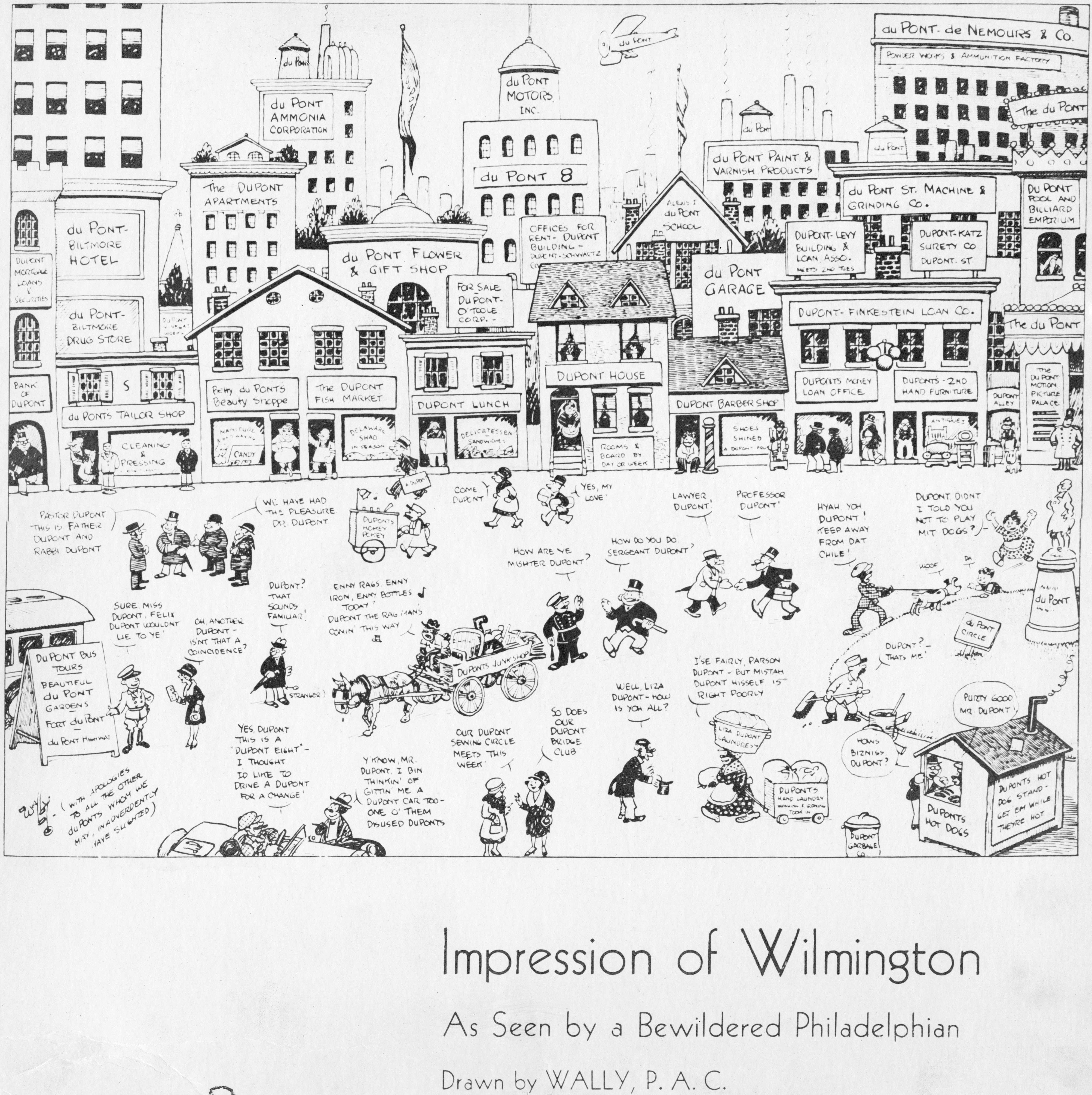 Cartoon depicting a Wilmington street full of people and businesses bearing the DuPont name.