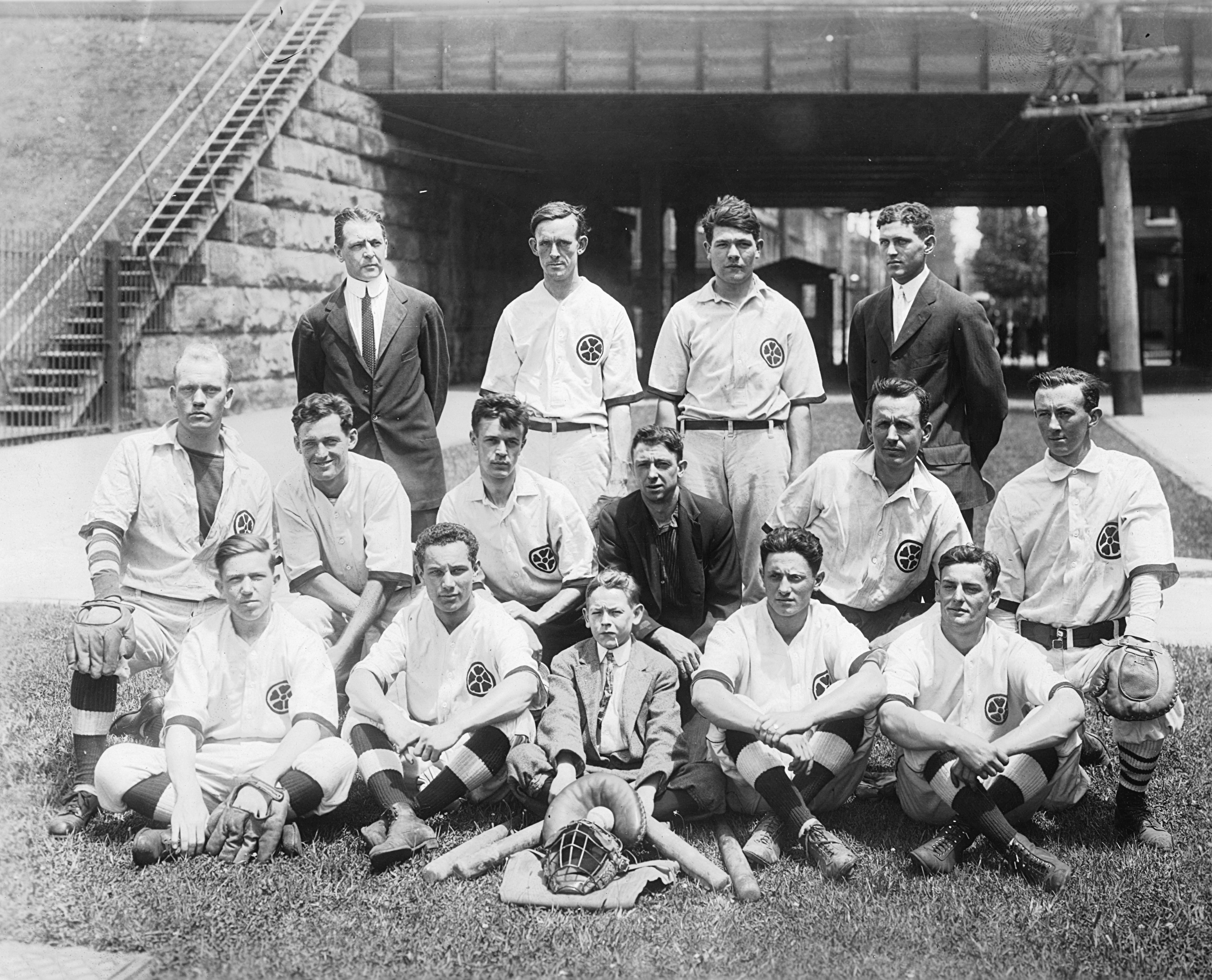 Black and white group portrait of the Pusey and Jones Company baseball team