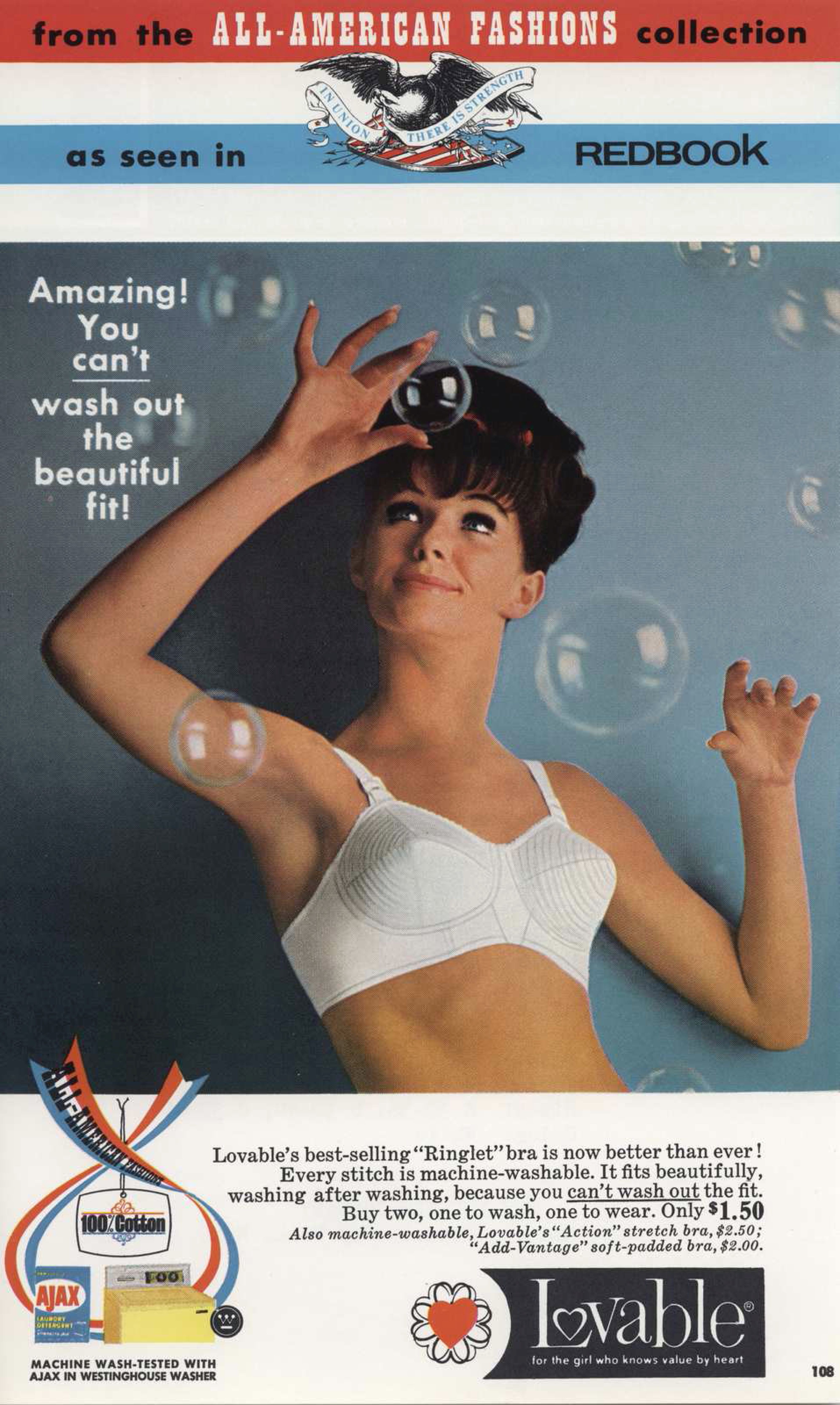 Ad for Lovable Company bras. Photo of a woman in a cone-style bra, surrounded by bubbles.