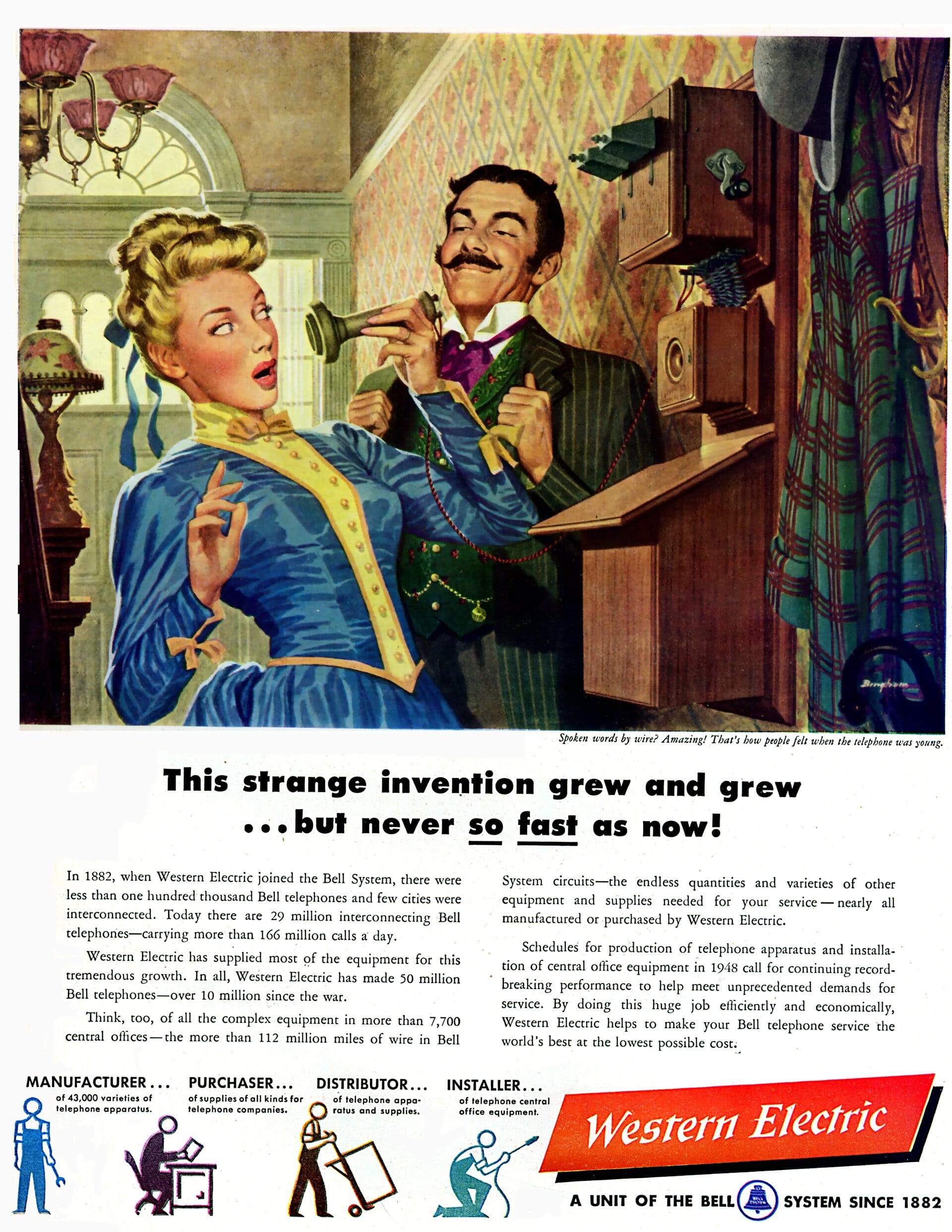 Telephone service ad with an illustration of a surprised looking woman holding a receiver and a smug looking guy hovering beside her