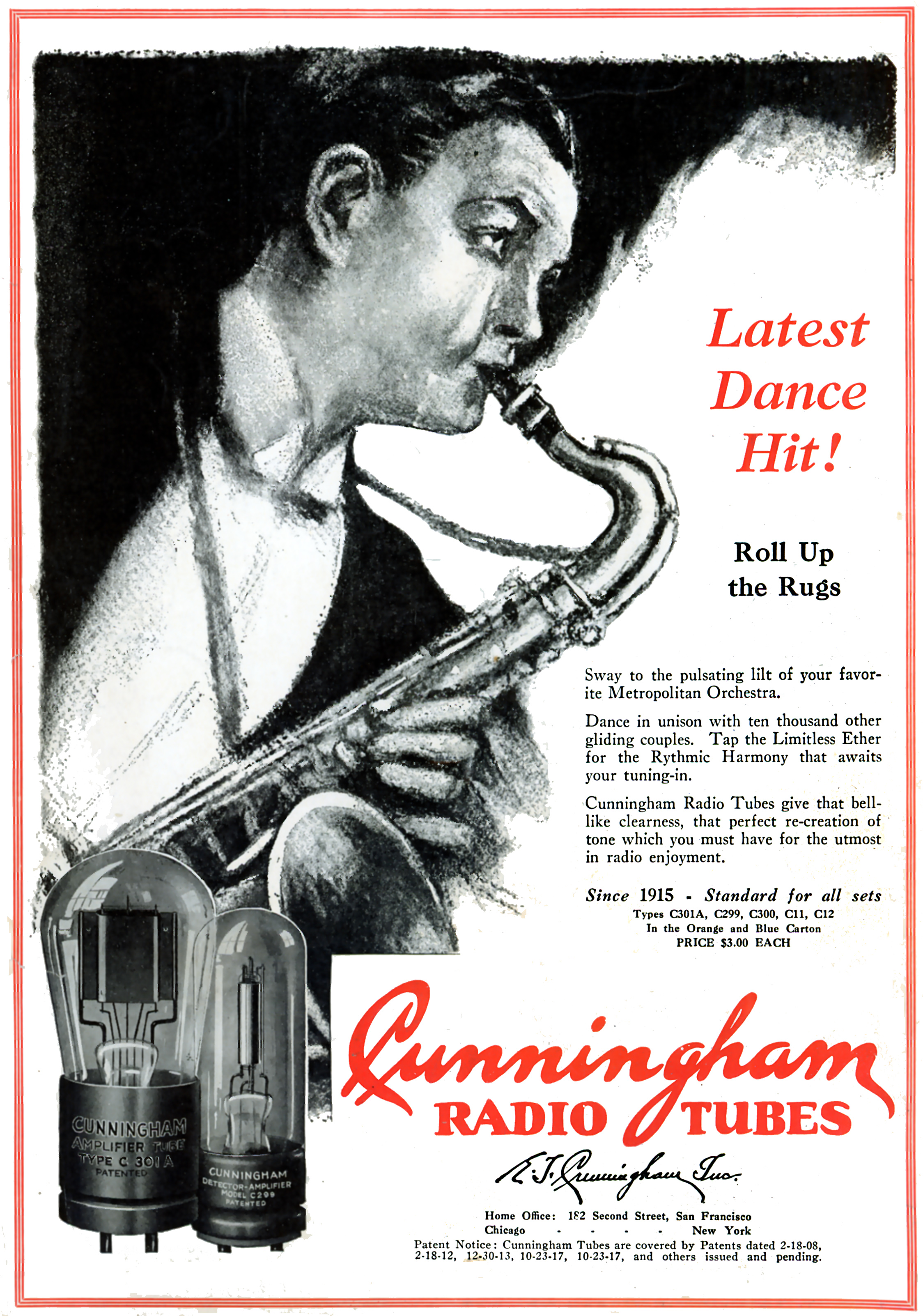 Ad for Cunningham Radio Tubes advertisement with an illustration of a man playing saxophone.