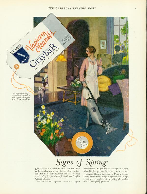Advertisement for Graybar vacuum cleaners showing a woman doing spring cleaning in a home.
