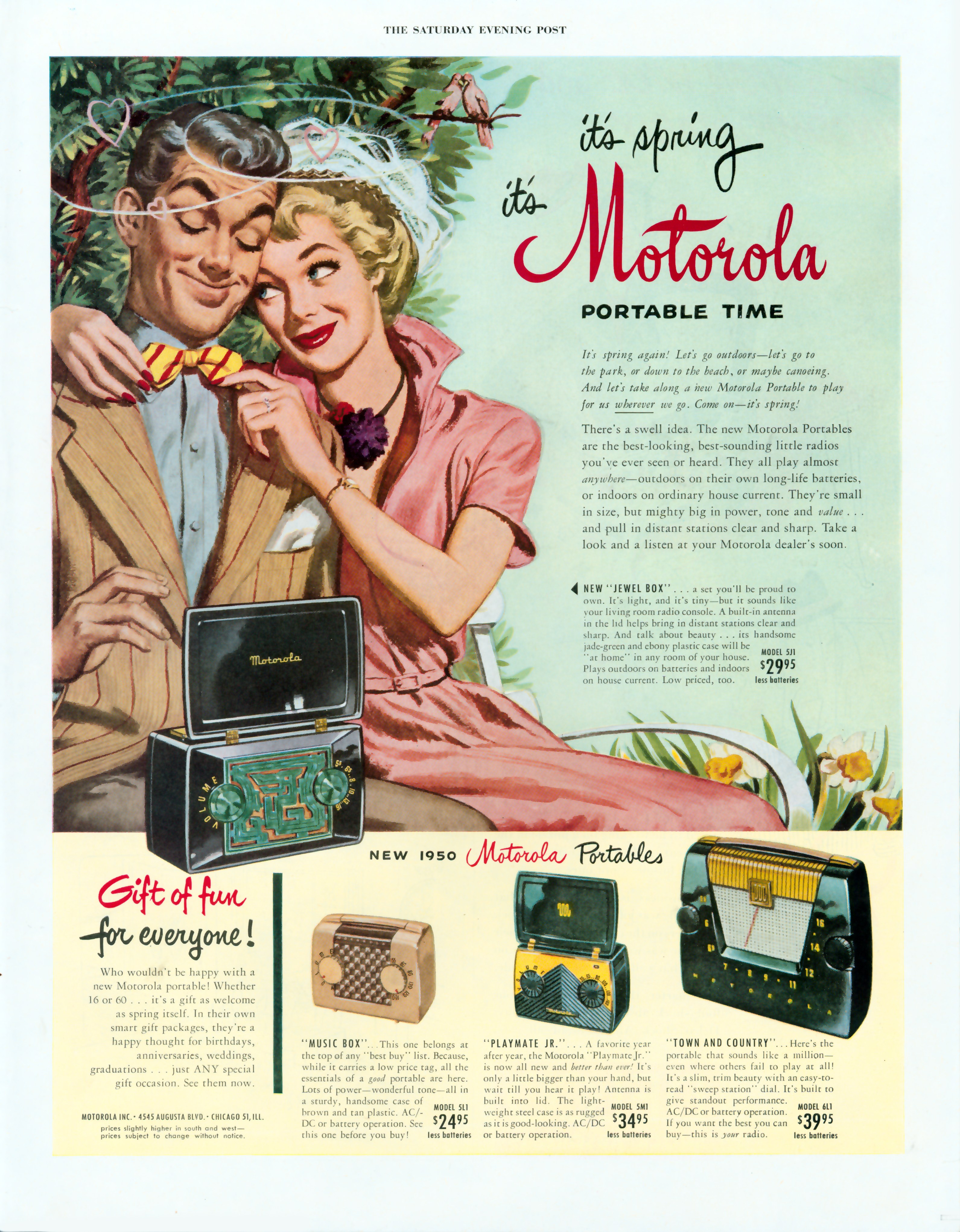 Advertisement for portable radios; illustrations of four radios and a man and woman.
