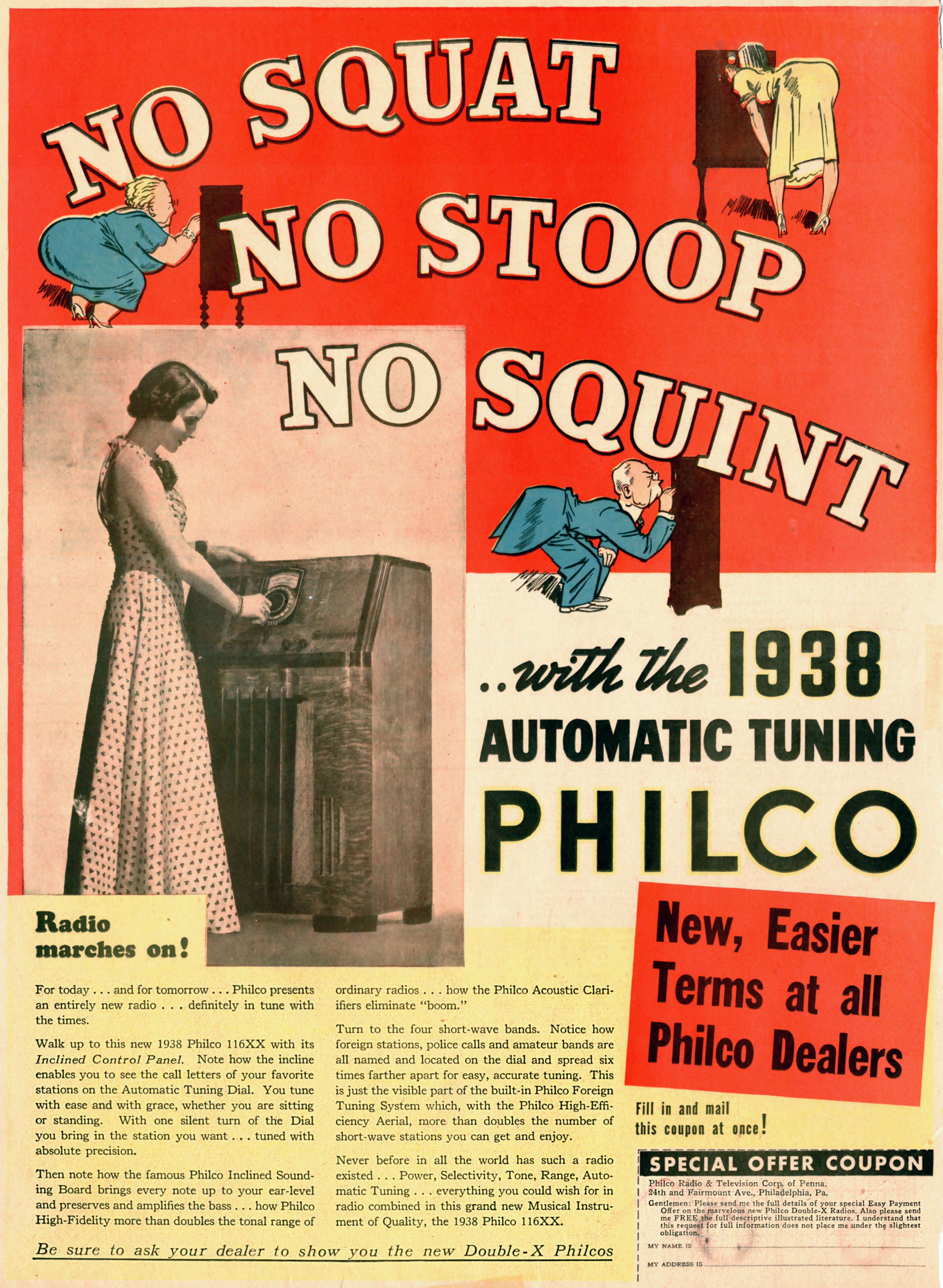 Ad for a radio featuring automatic tuning, with "No squat, no stoop, no squint" promise.