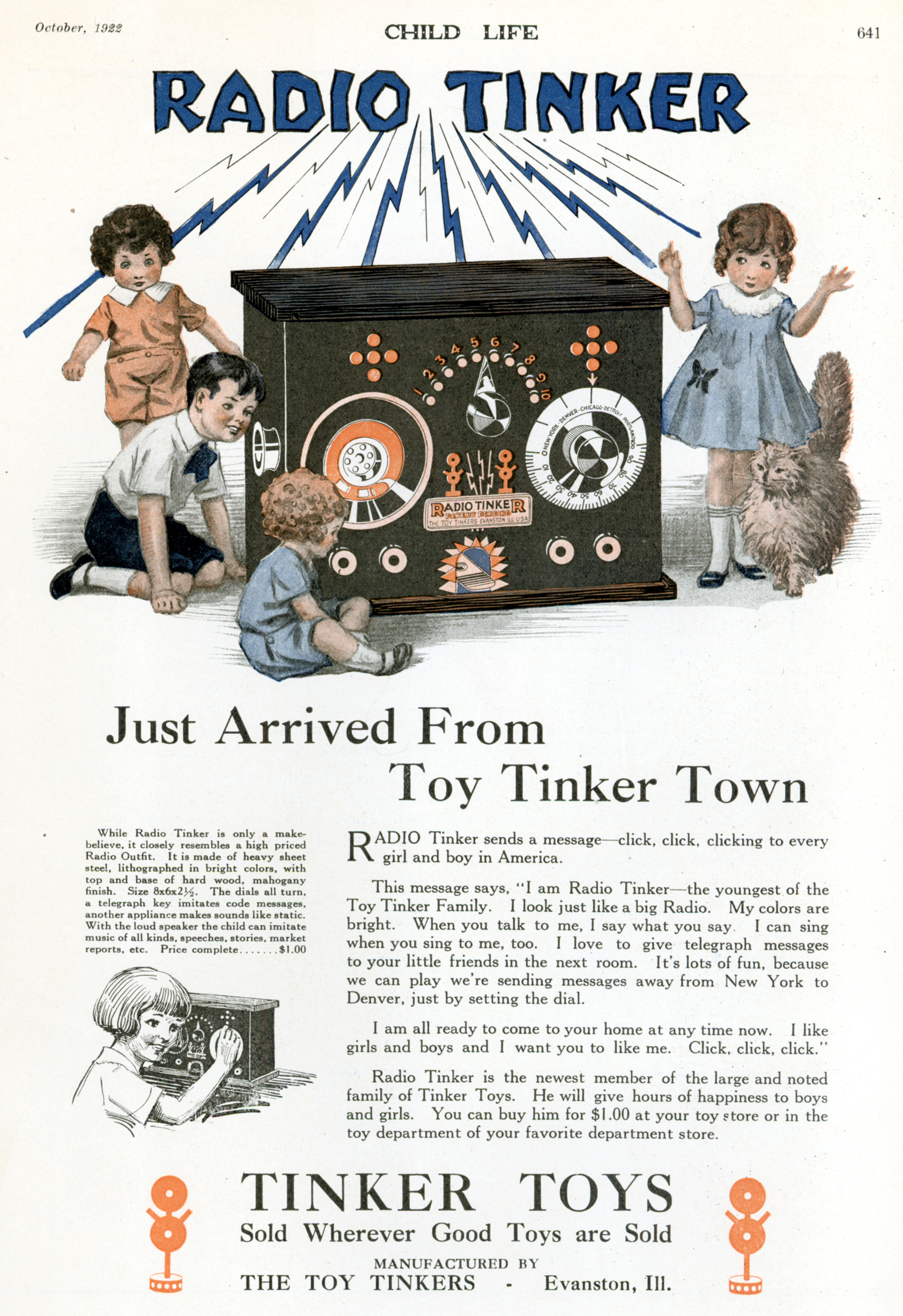 Advertisement for 'Radio Tinker' with a color illustration of small children playing with a large, make-believe radio. Accompanying text describes what the toy does.