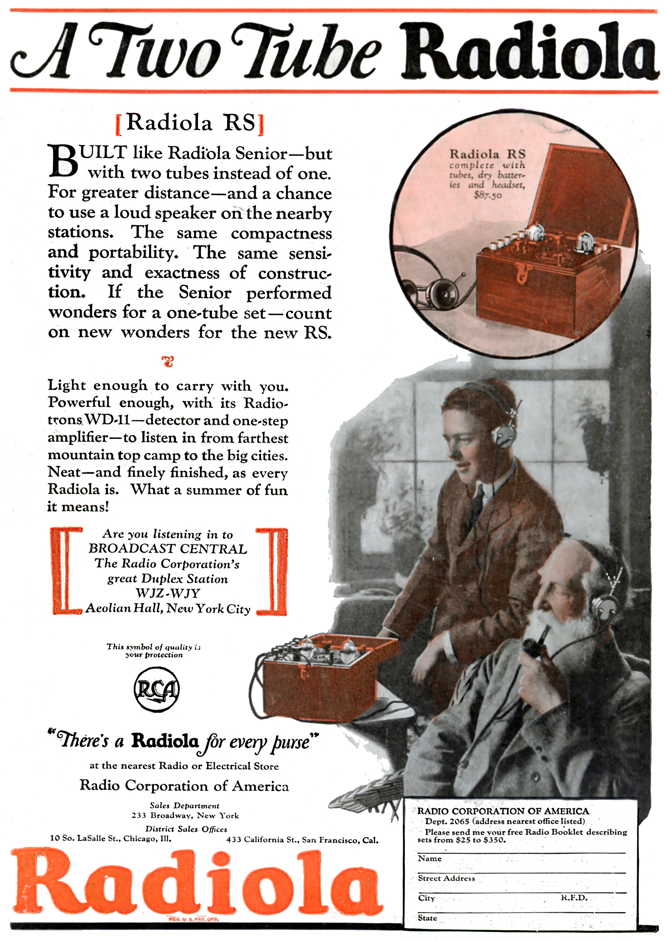 Advertisement with text and illustrations for a "two tube" Radiola set.