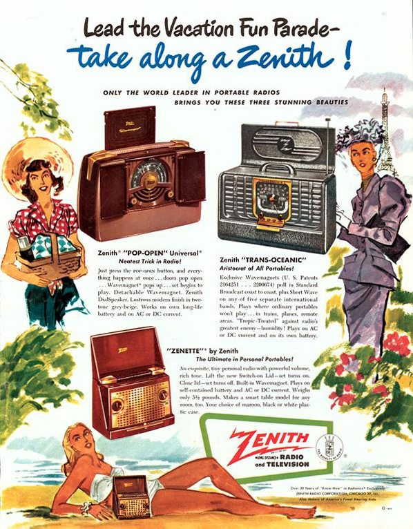 Ad for Zenith portable radios showing women with radios in various travel destinations.