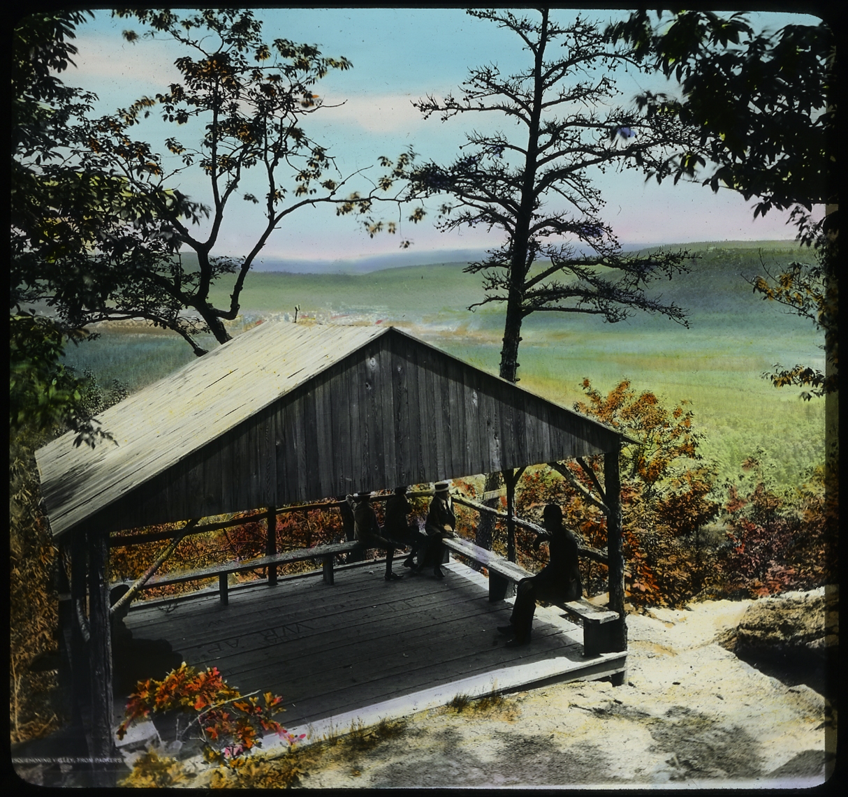 Hand colored lantern slide from a scenic overlook over the Nesquehoning Valley.