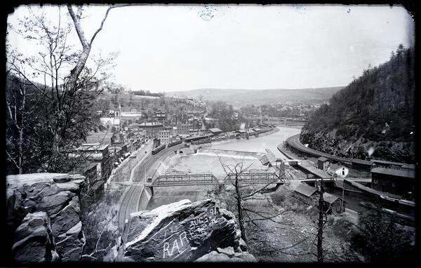 Black and white view from 1891 of the town of Mauch Chunk.