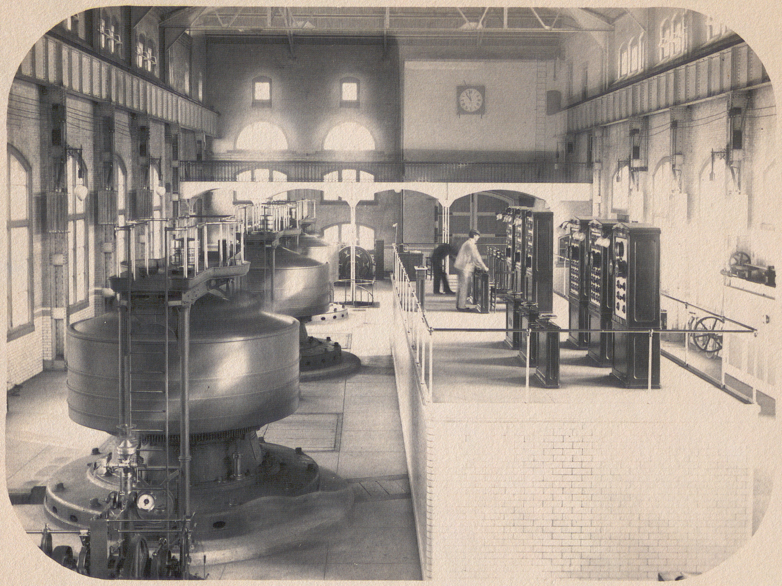 Interior view of a late 19th century hydroelectric power plant.