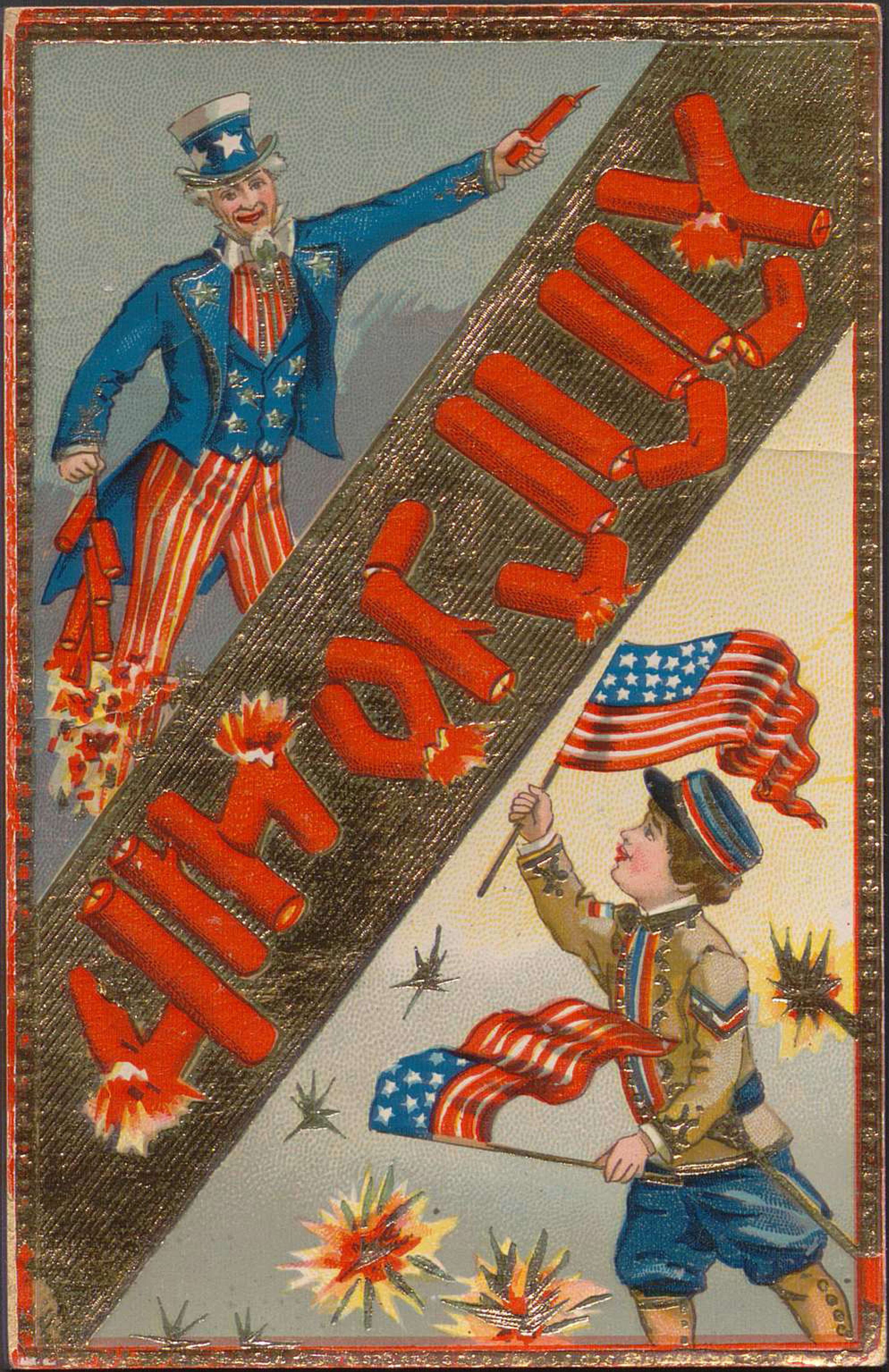 Postcard with color illustrations of a child in military dress waving American flags and Uncle Sam with fireworks. Firework motifs are spread throughout, including firework sticks spelling out "4th of July".