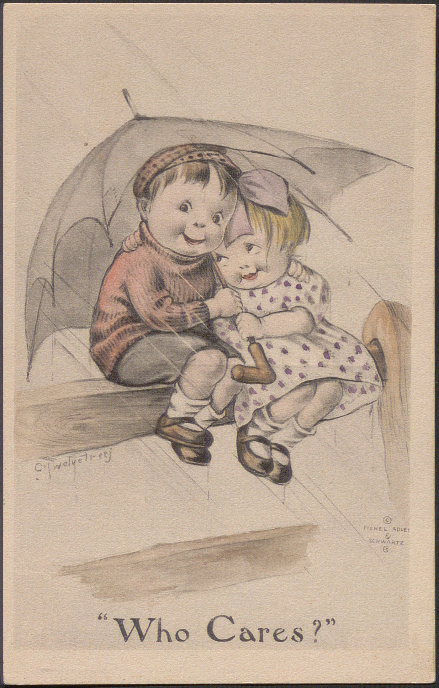 Illustration of two children sitting on a fence, sharing an umbrella. Text reads "Who Cares?"