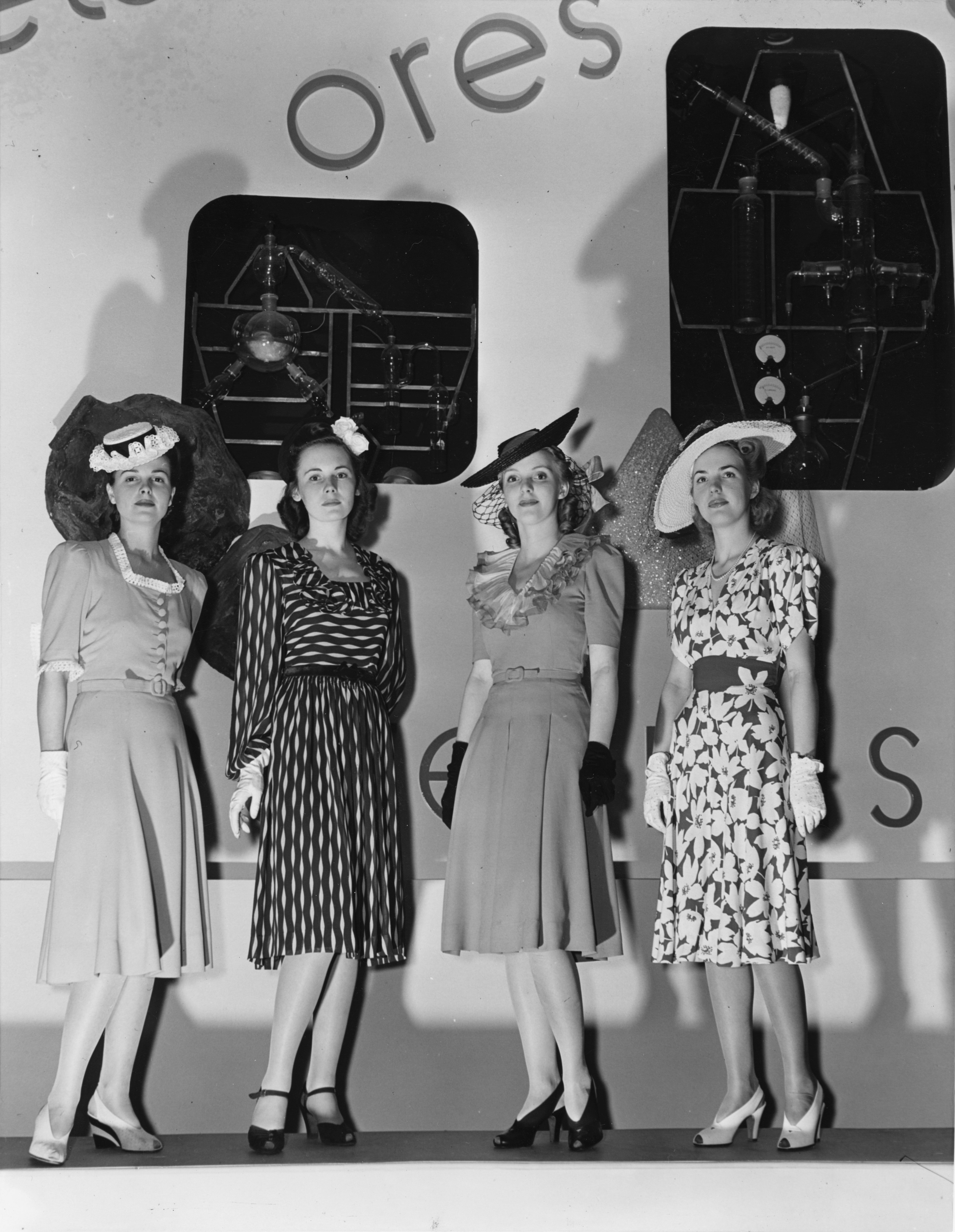 Black and white image of models for DuPont "test-tube creations" at 1939 New York World's Fair