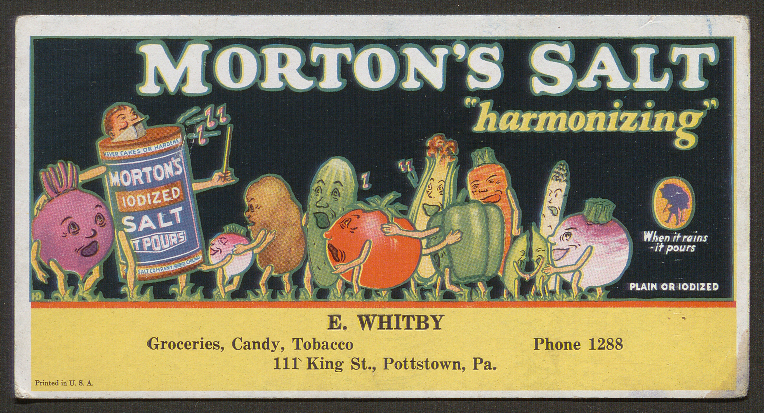 Color illustration of anthropomorphic vegetables and salt canister singing in harmony.