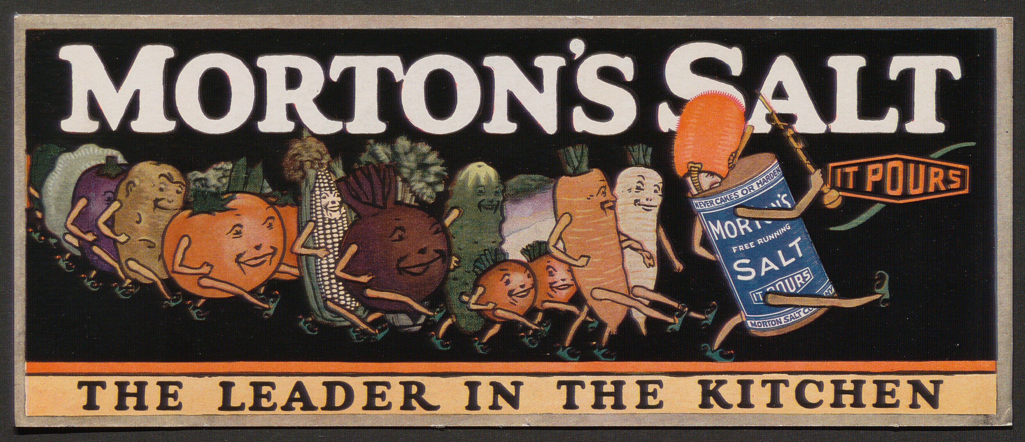 Illustration of vegetables marching behind a canister of salt. Text is "the leader in the kitchen"