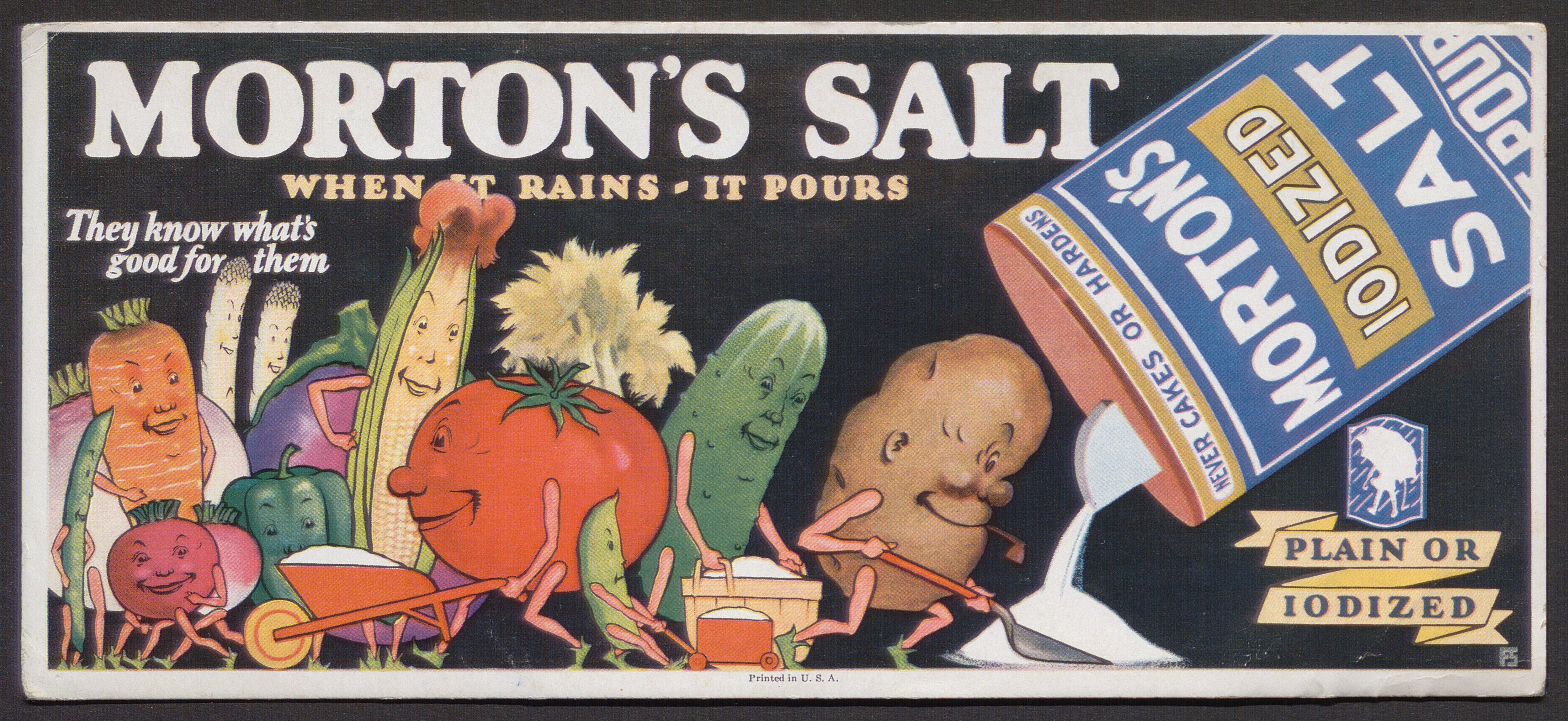 Advertising card for Morton's Salt. Features vegetables collecting salt from a pouring can.