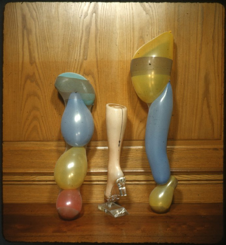 Color photograph of nylon hosiery stretched over a model leg as well as a variety of other non-representational forms.