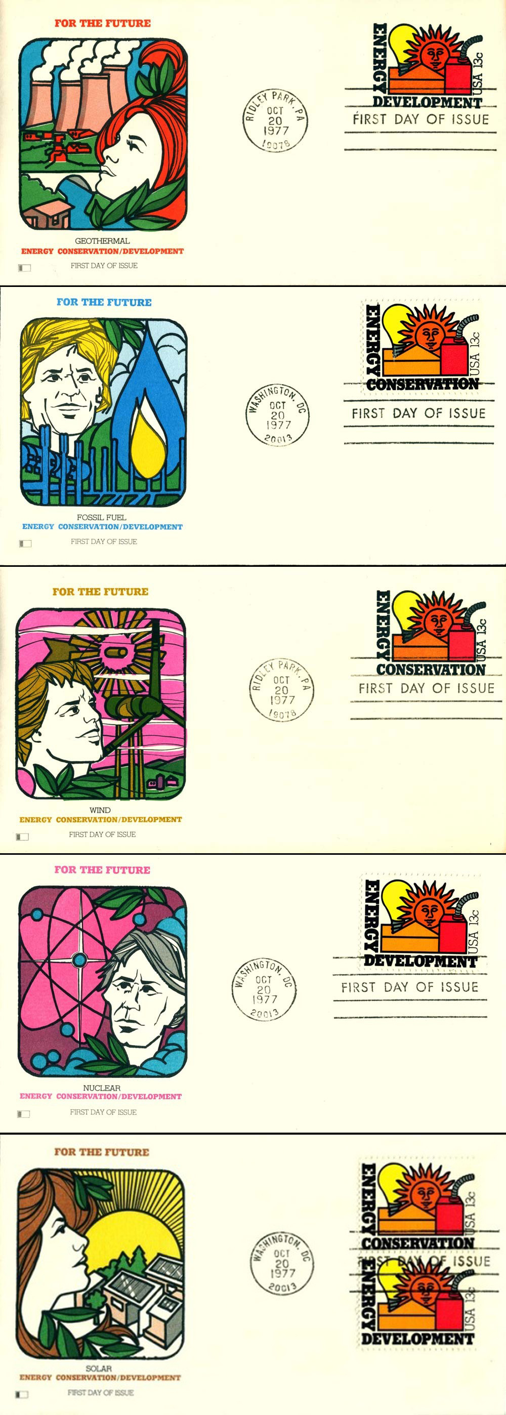 Five illustrated envelopes on the theme of alternative energy sources.