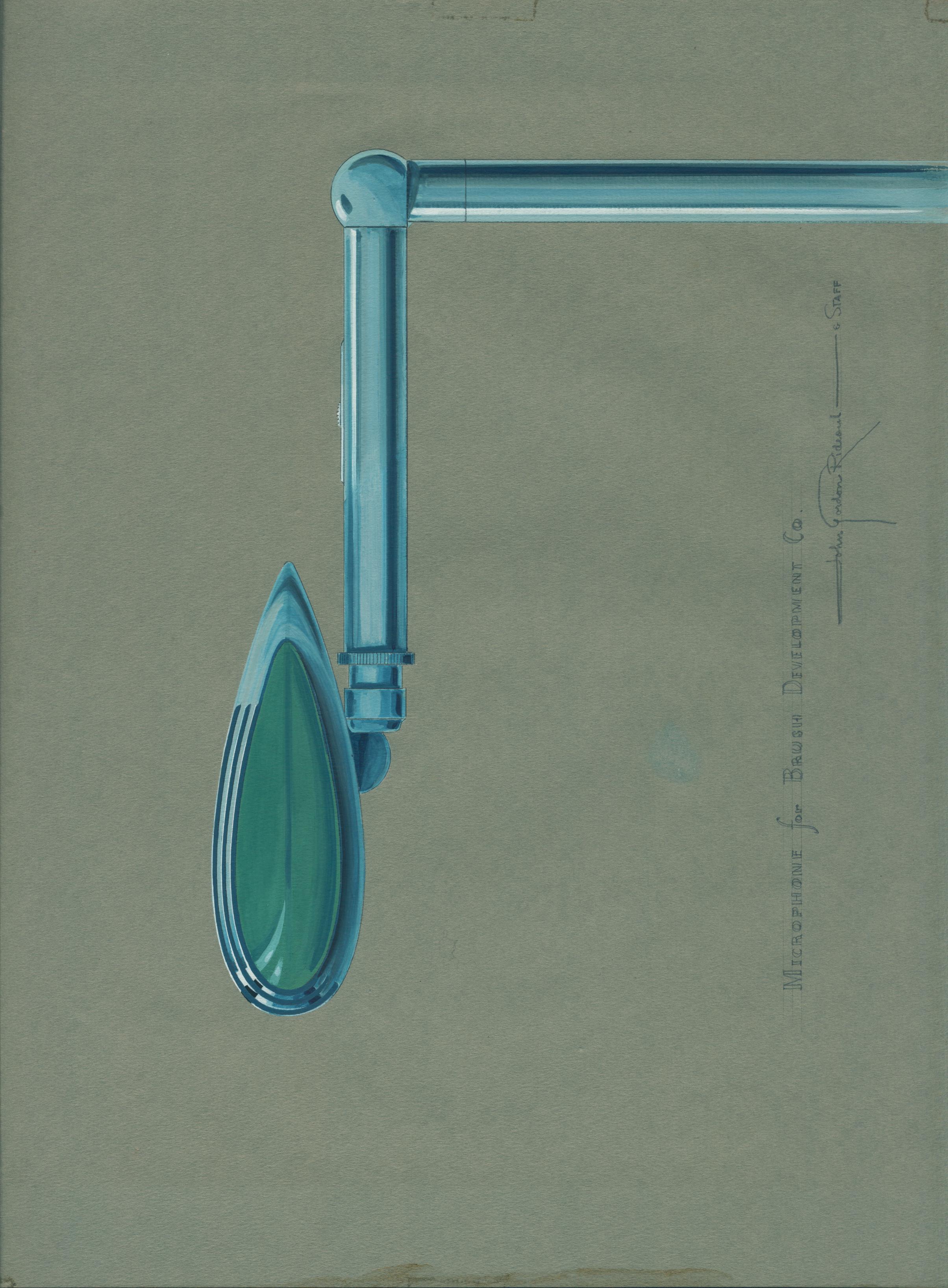 Design drawing for a microphone. Illustrated in color in blues and greens on gray paper. 