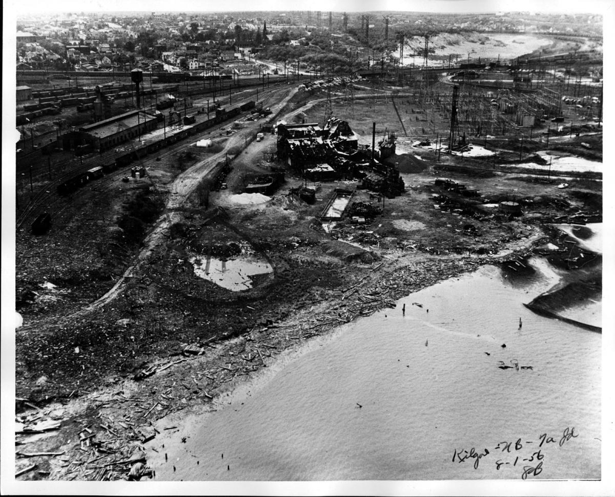 Aerial view showing impact of the explosion on the surrounding area.
