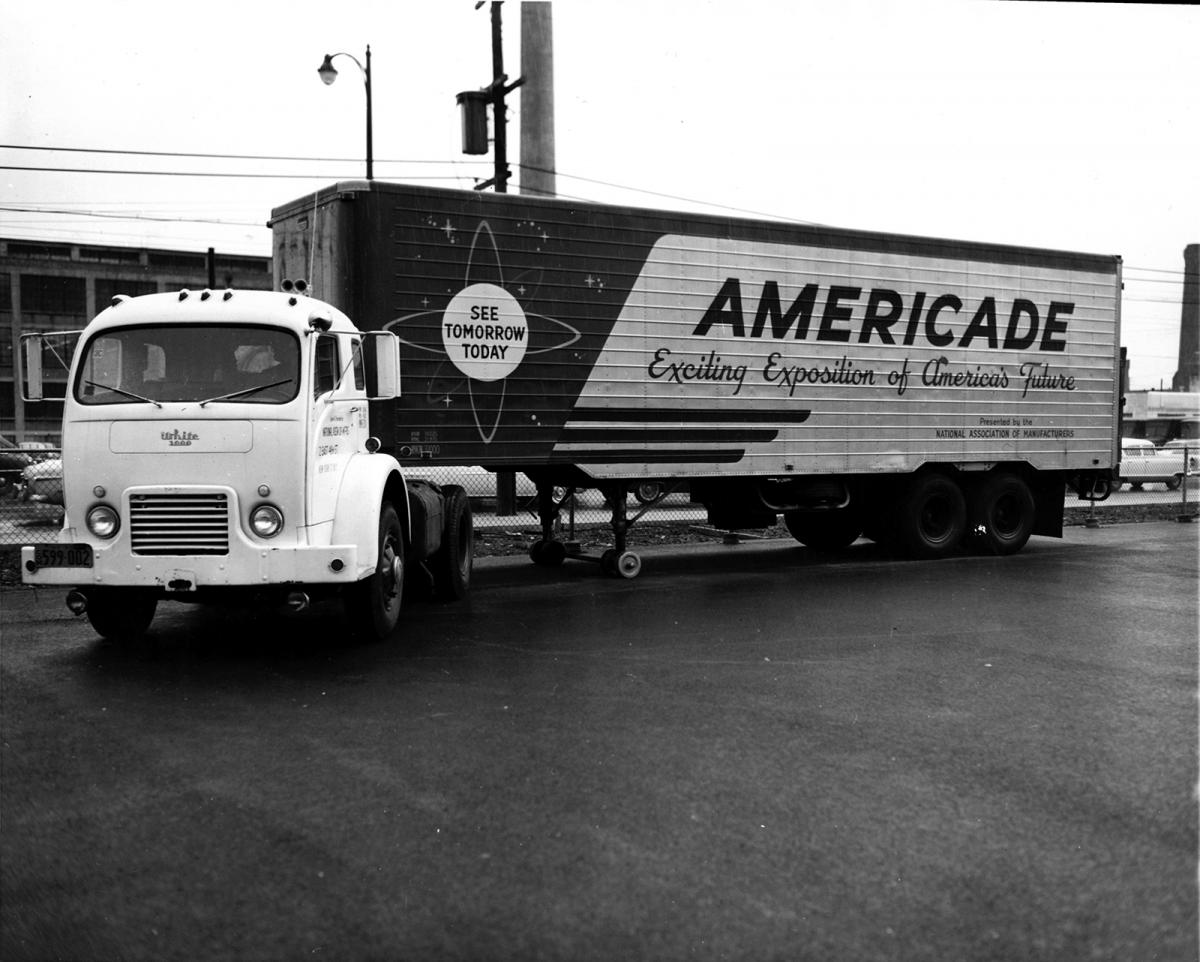 Truck with exhibit logo on side