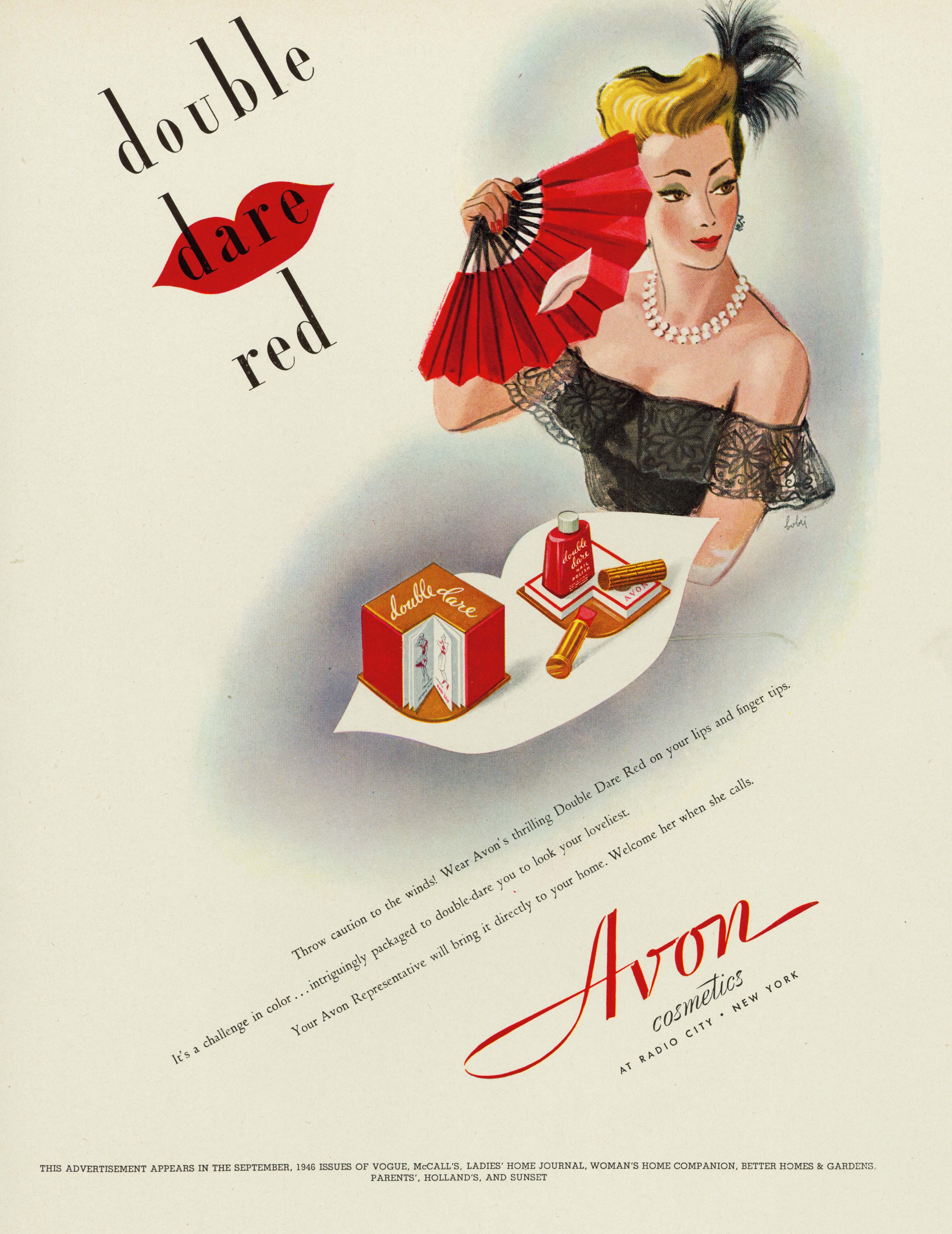 Color illustration of a woman holding a lip-shaped tray of "Double Dare" red lipsticks and nail polish
