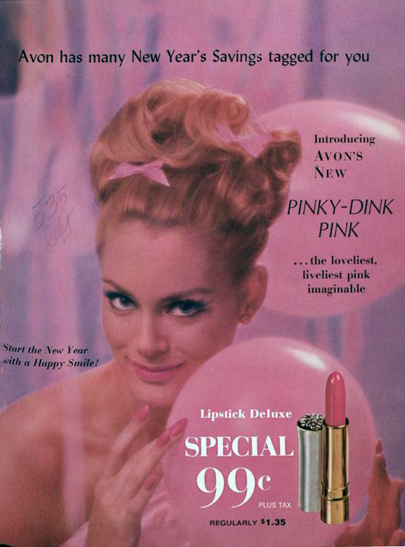 Advertisement for pink lipstick. Woman holding a balloon, overwhelmingly pink-hued color scheme.