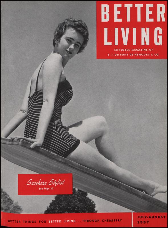 Cover of Better Living magazine with a black and white photograph of a woman in a bathing suit on a diving board. 