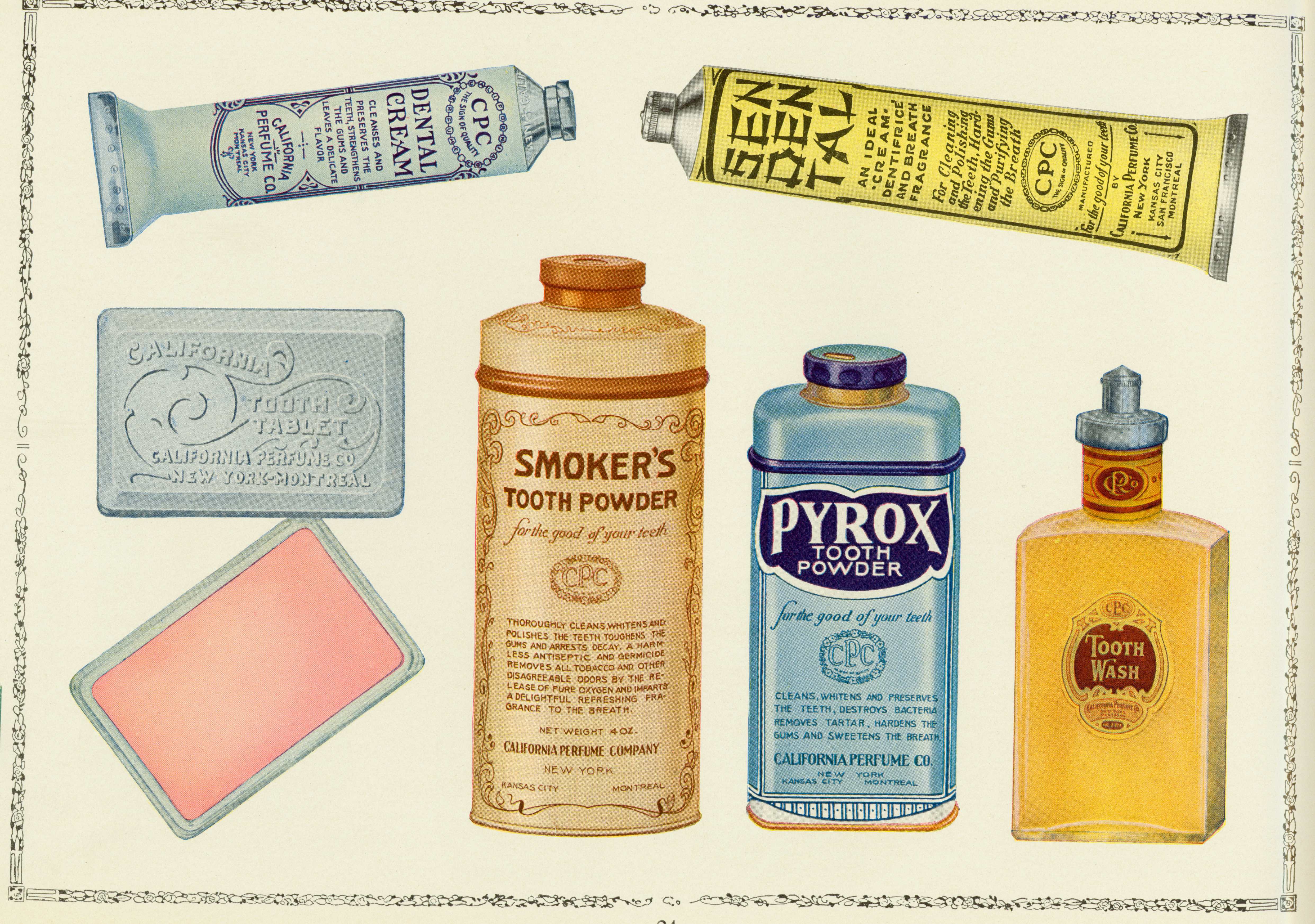 Page from California Perfume Company color plate catalog showing dental care products