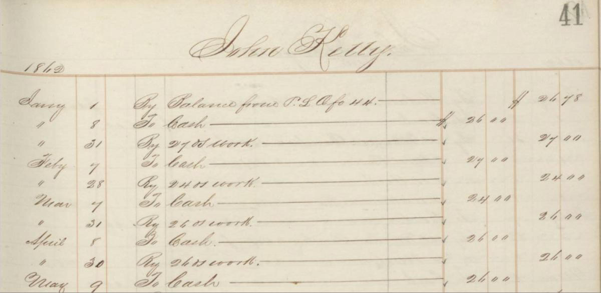 Petit Ledger, 1862, entry for John Kelly