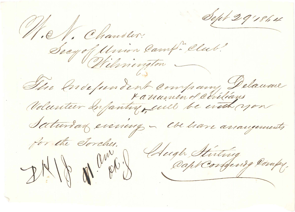 Telegram, Hugh Stirling to W. N. Chandler, 1864