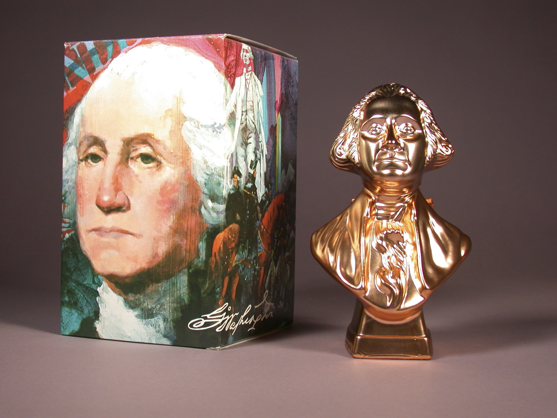 Color photograph of a box and bottle of George Washington themed cologne.