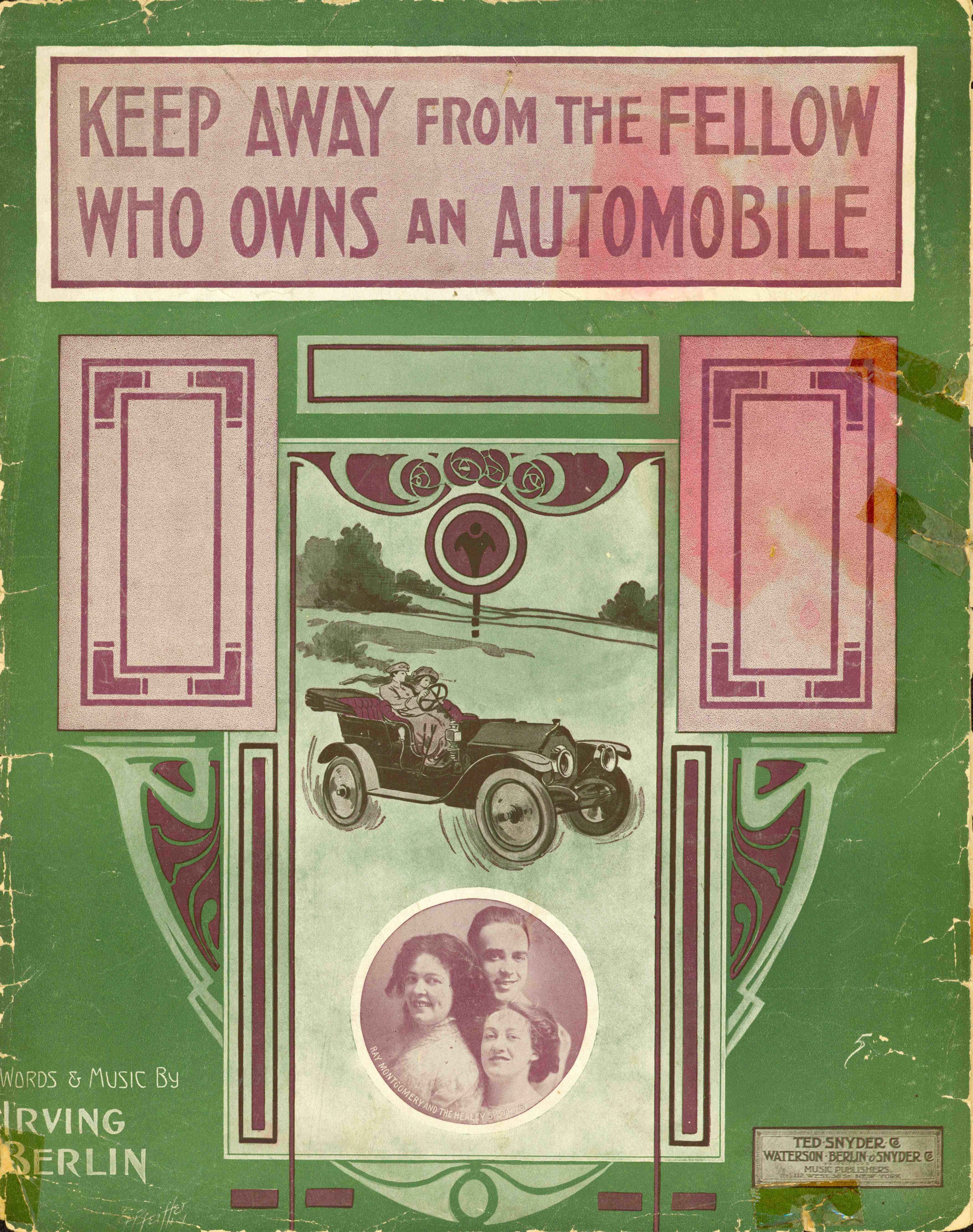 Cover for sheet music titled "Keep Away from the Fellow who owns an Automobile". Cover depicts a ca