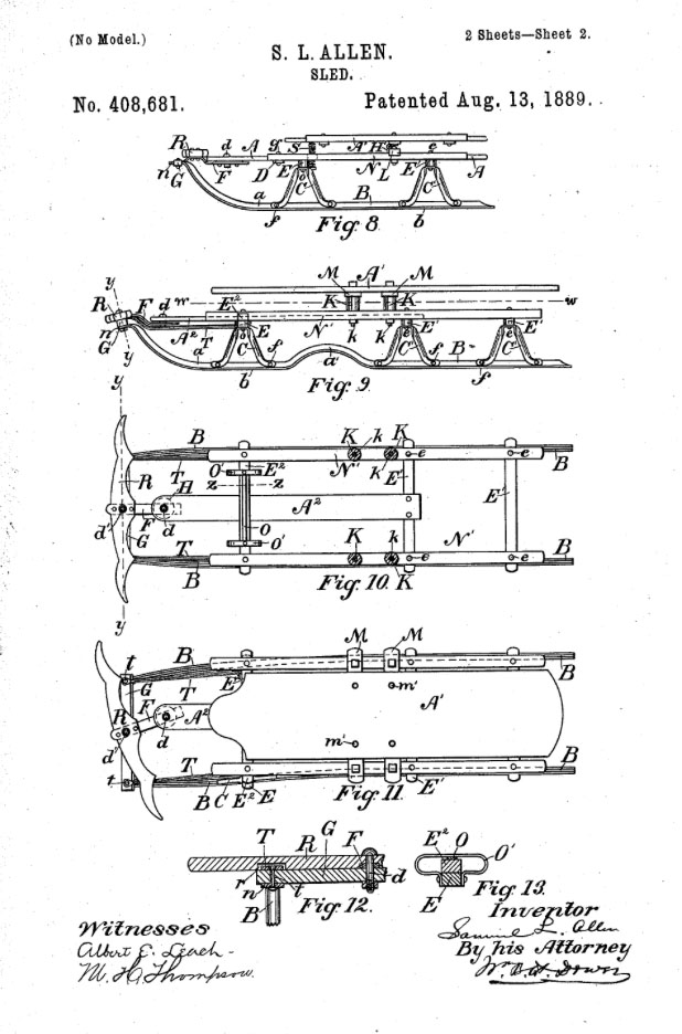 Patent drawing for the flexible flyer sled.