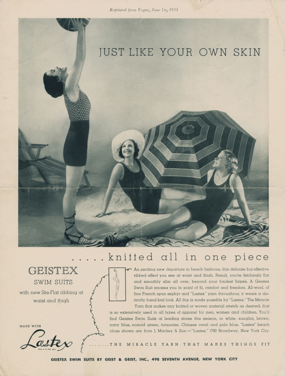 Ad for Geistex swimsuits with three women modeling the one-pieces made with lastex