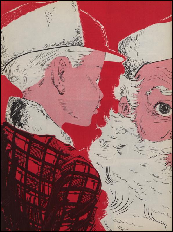 Back cover illustration in white, red, and black of a child with Santa. Santa's face is split in half (the other half is on the front cover). The child is drawn in 3/4 profile from behind.