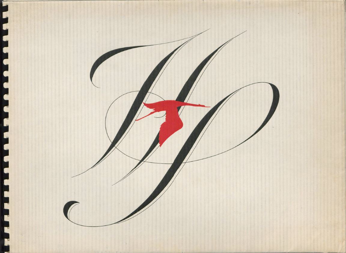 Cover of the 1934 Huspano-Suiza catalog, the stork logo flies across the scripted letters "HP"