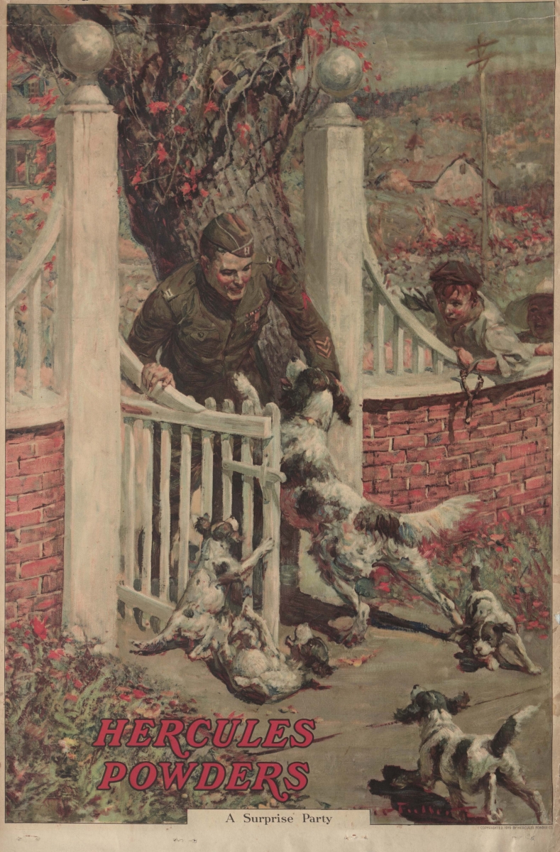 Hercules Powders ad, from 1920, with a soldier being greeted by his dog and puppies as he comes home. The caption reads: "A Surprise Party"