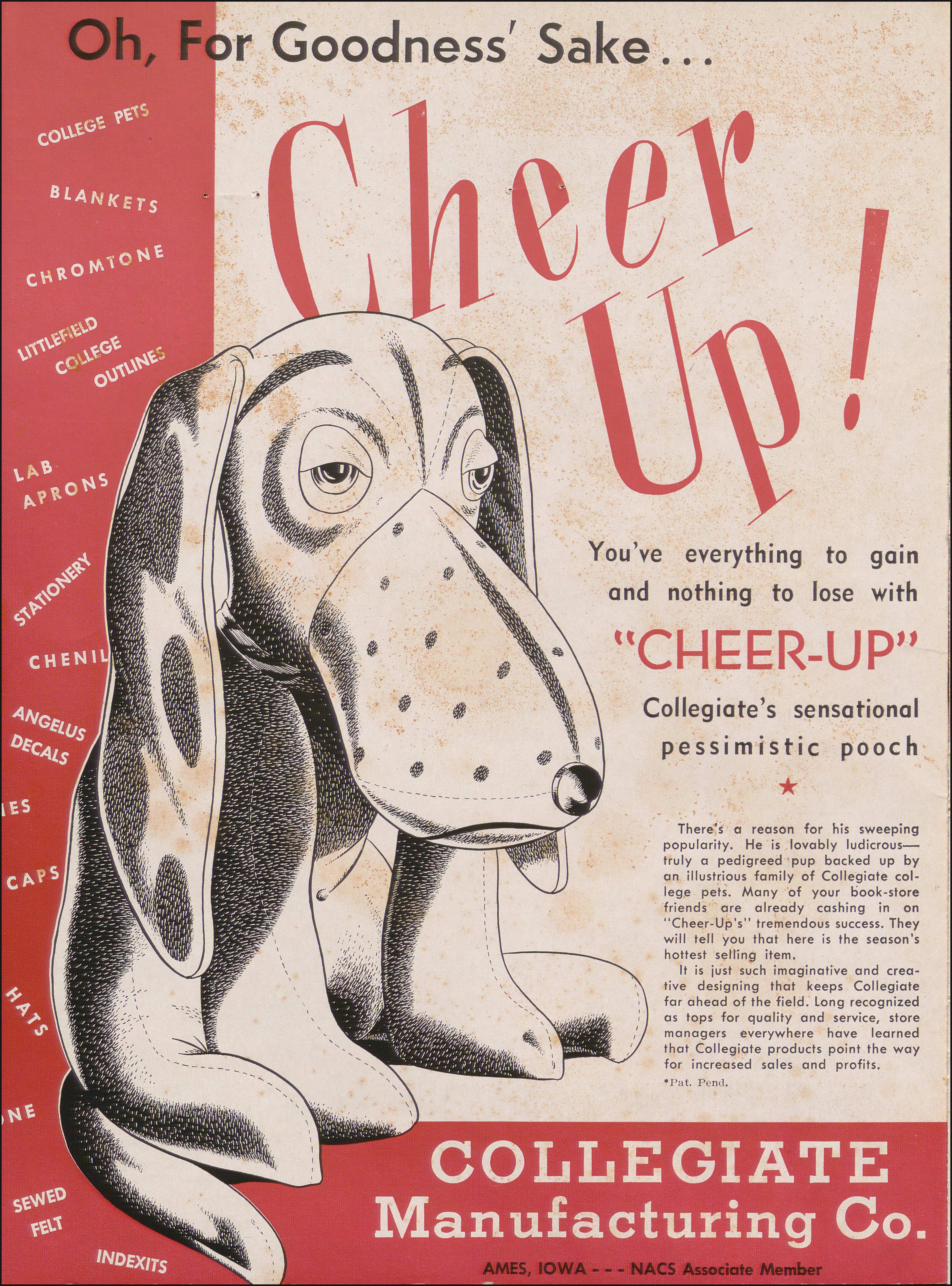 Magazine ad for a grumpy looking stuffed dog, whose name appears to be "Cheer-Up".