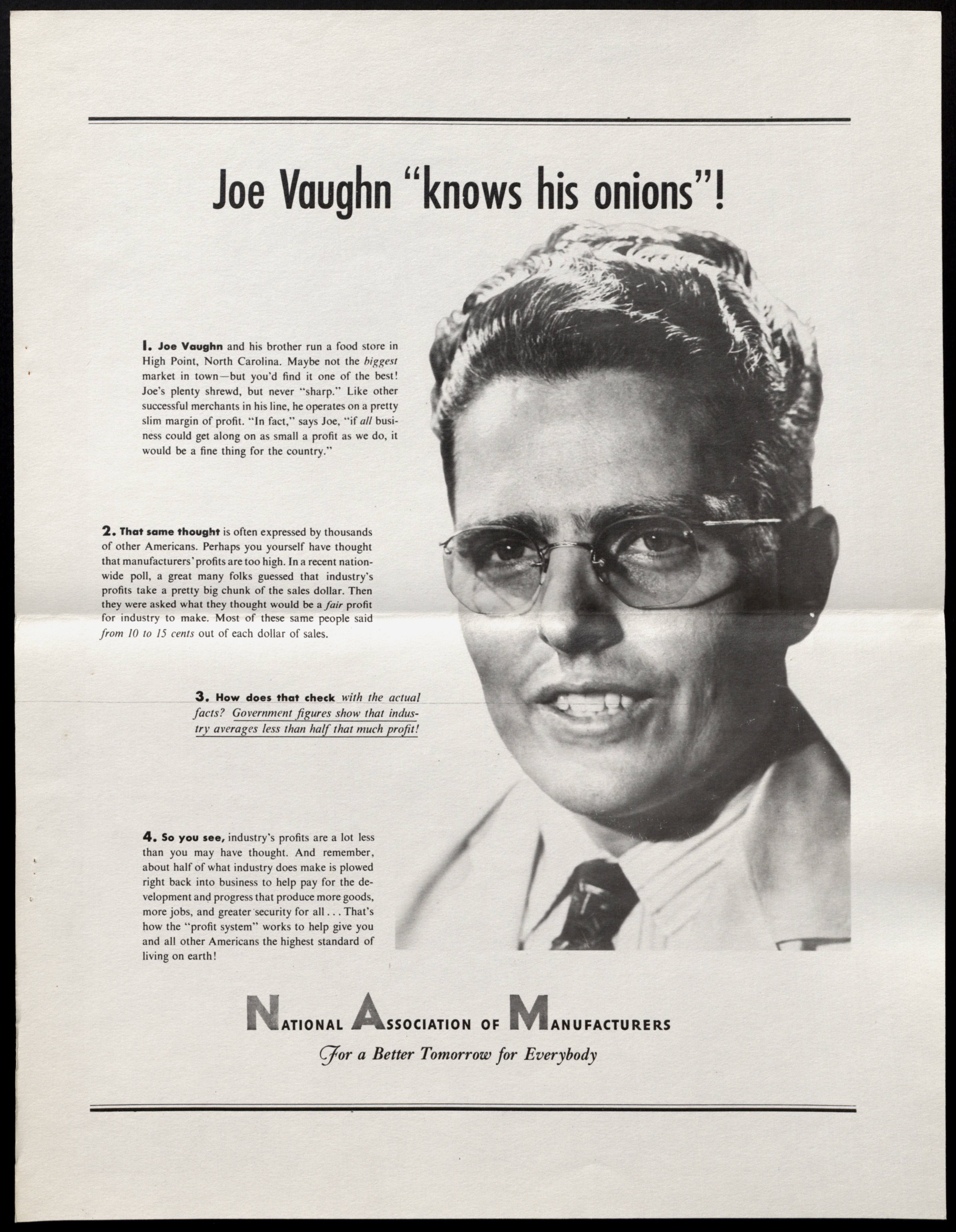 Black and white headshot of a man with glasses. Text header reads "Joe Vaughn 'knows his onions'", additional text to the side.