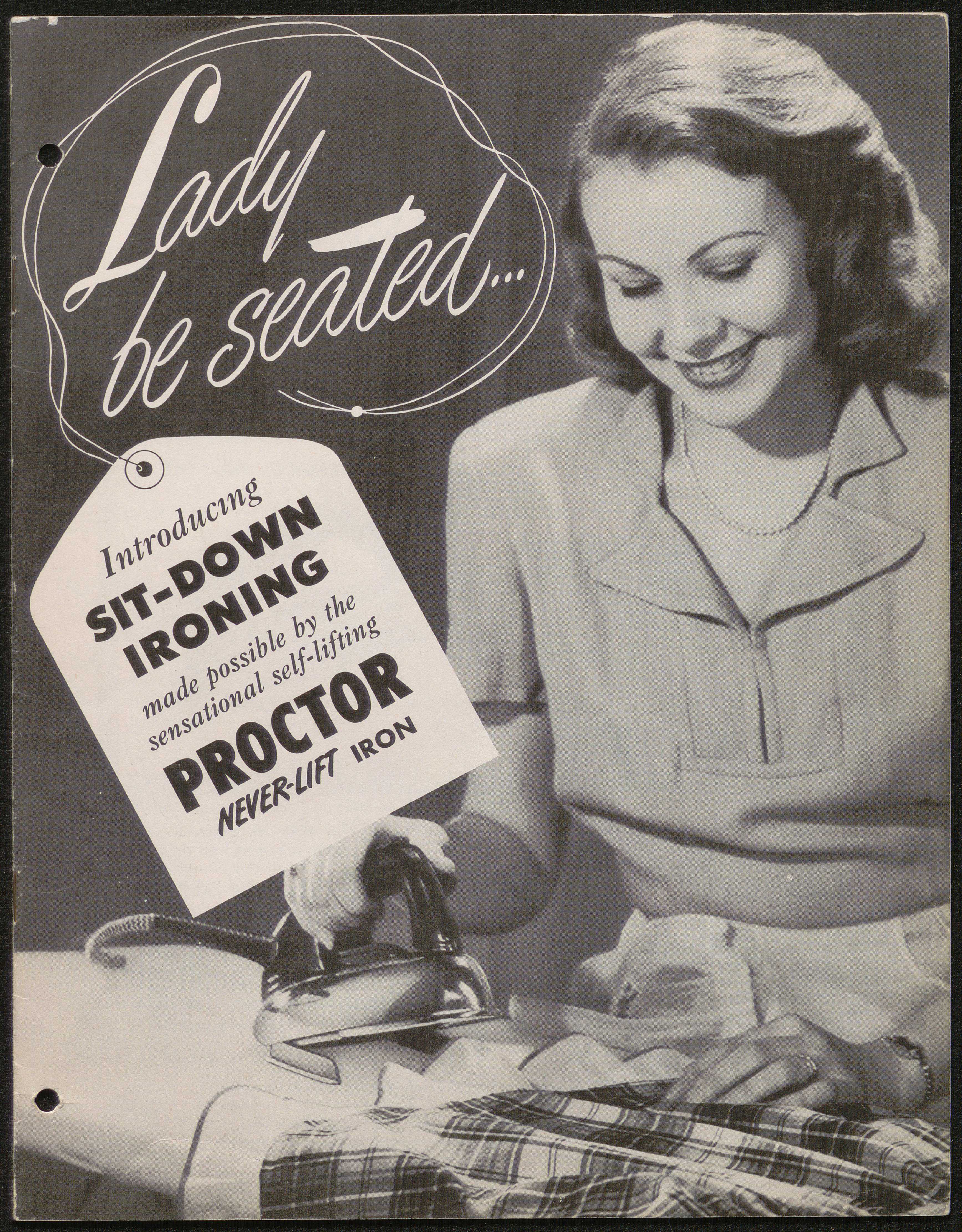 Pamphlet advertising a sit-down ironing board. Black and white photo of product in use.