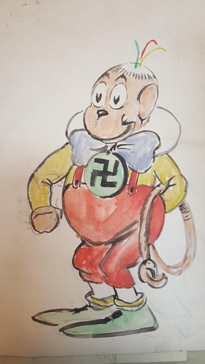Lamb's original drawing with a swastika, not yet a Nazi symbol, on his chest.