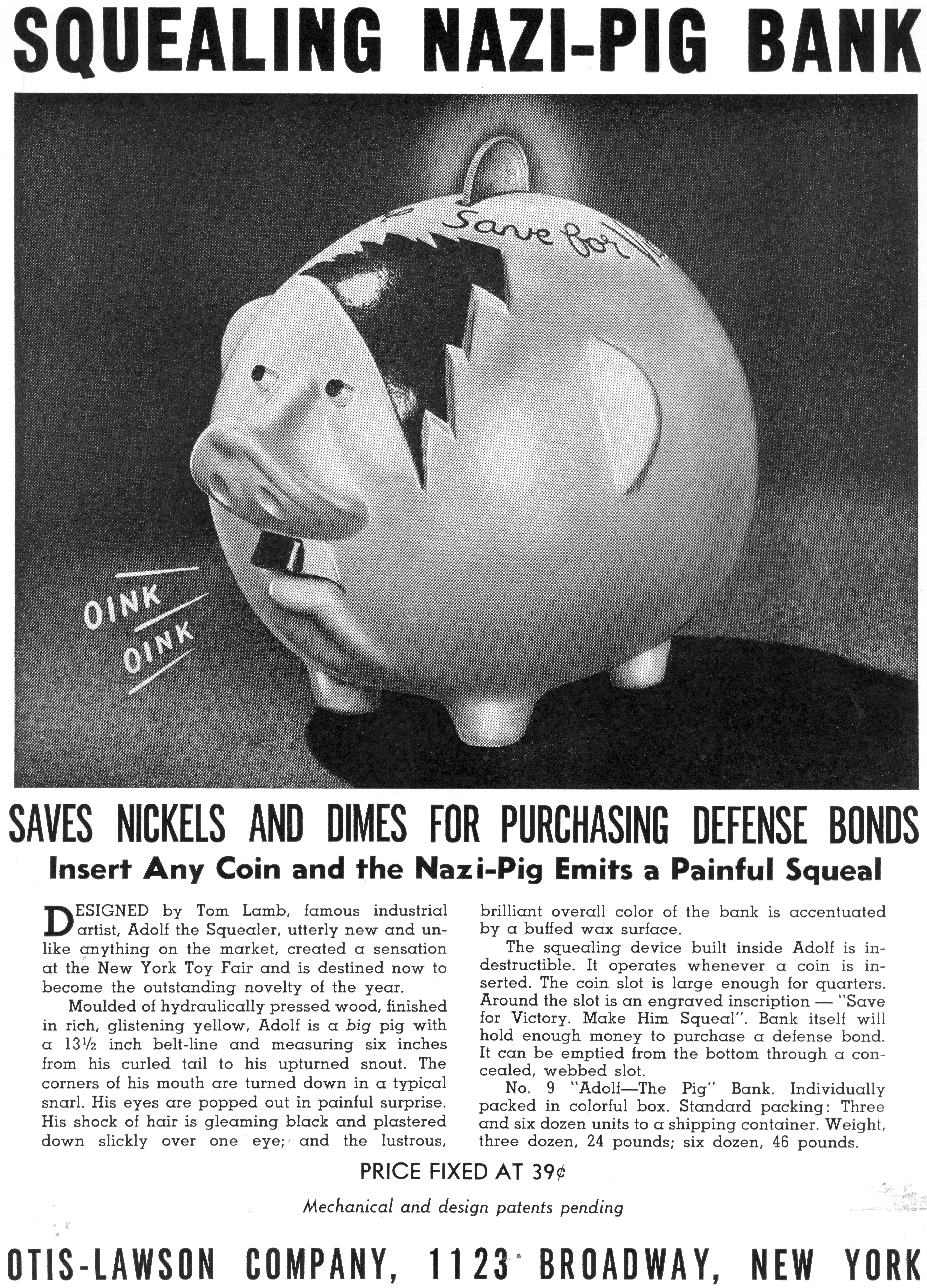 Advertisement for a "squealing Nazi" piggy bank styled after Adolph Hitler.