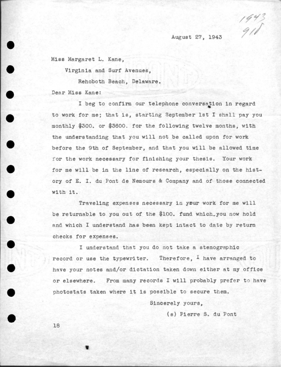 Pierre du Pont's letter confirming Margaret Kane's hiring, 1943