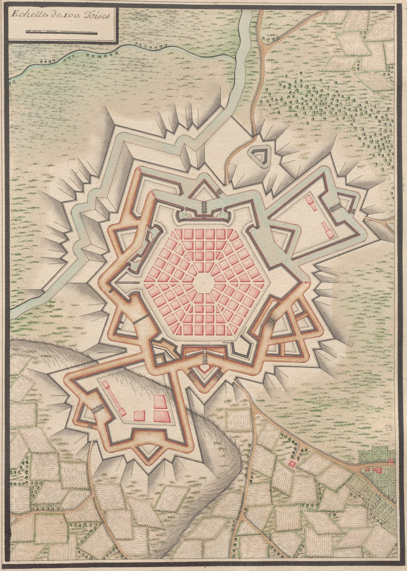 Hand illustrated drawing of a plan for a fortified settlement.