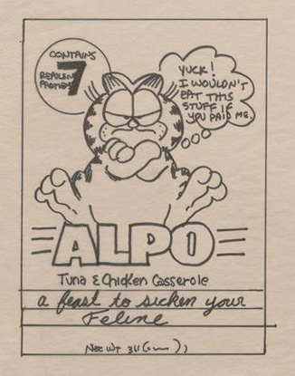 Sketch of Garfield the cat on an ALPO cat food label. Garfield is criticizing the food.